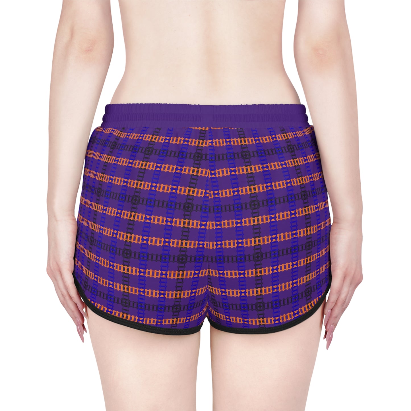 Cozy Casual Womens Shorts Perfect for Summer Days Lounging Beach or Sleepwear AOP Plaid Design Train Tracks Purple