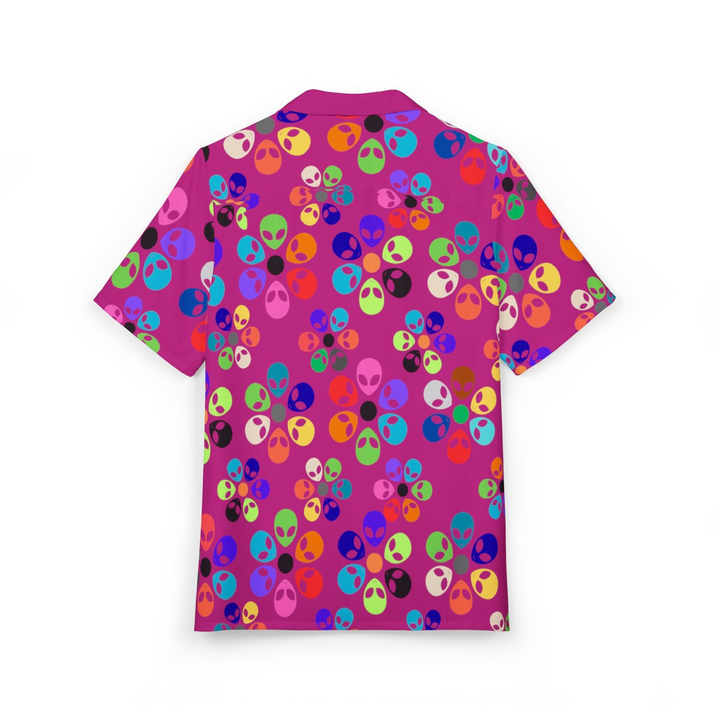 Vibrant Alien Print Hawaiian Shirt Unisex Summer ButtonUp Beachwear Vacation Outfit Festival Apparel Colorful Party Shirt Alien Rainbow Flowers Pink