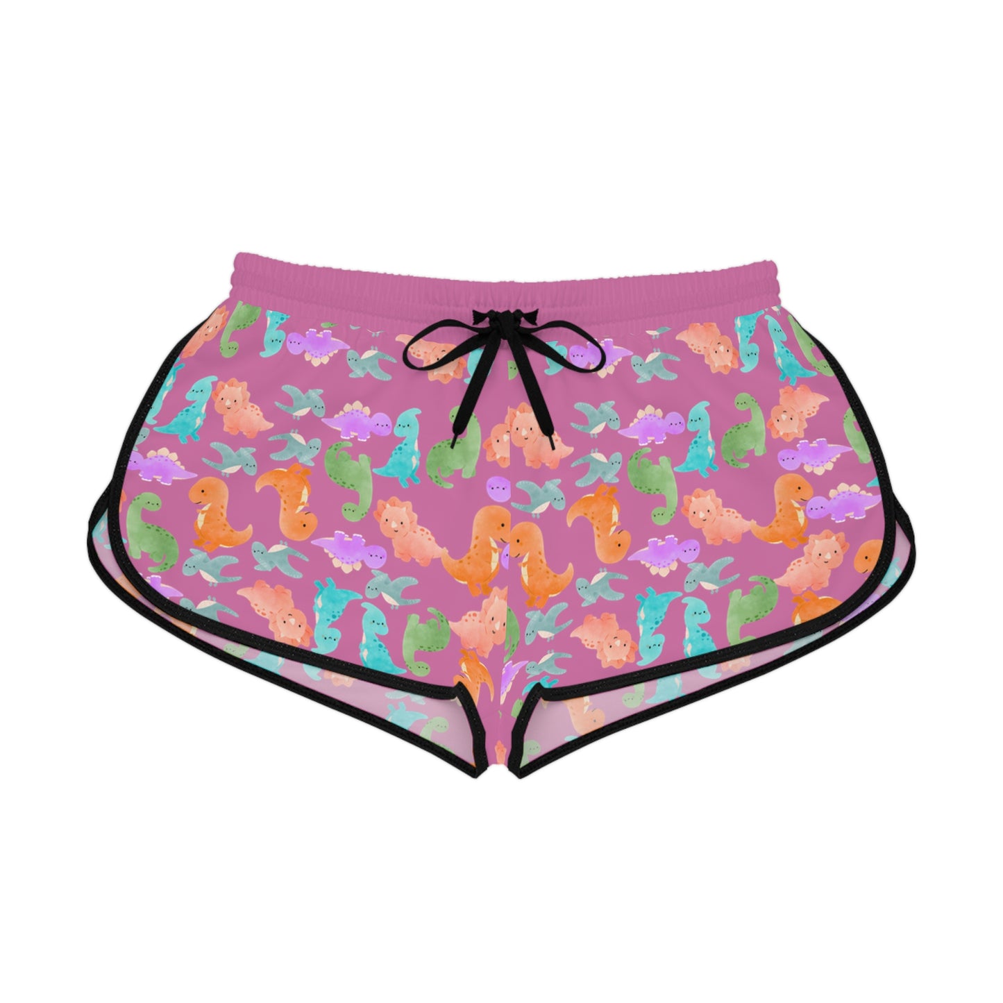Colorful Dino Print Womens Relaxed Shorts Perfect for Summer Beachwear Loungewear Gift for Her Casual Style Rainbow Dinos Light Pink