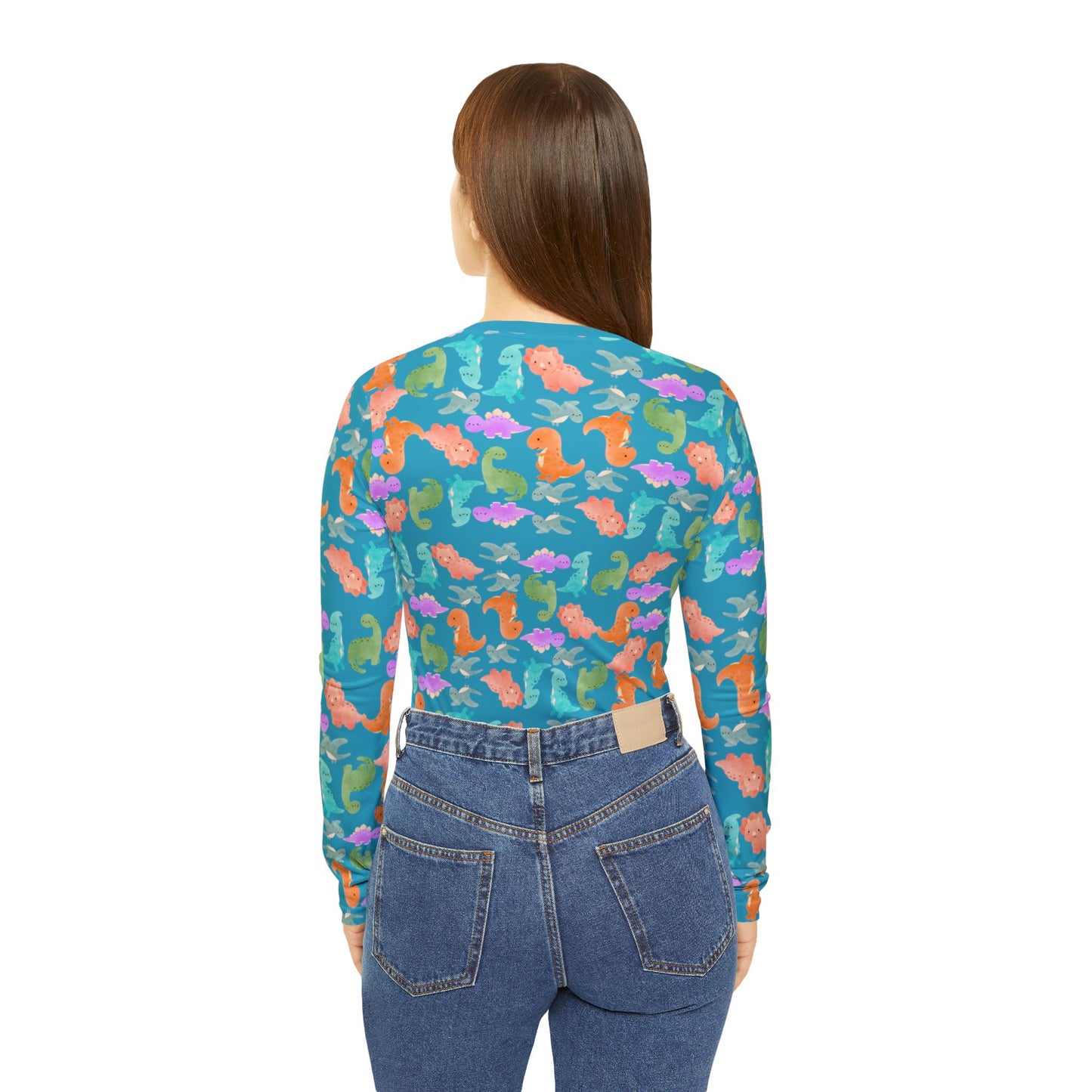 Vibrant Dino Print Womens Long Sleeve Vneck Shirt Beachwear Summer Tops Unique Gift Casual Style Vacation Wardrobe Rainbow Dinos Turquoise