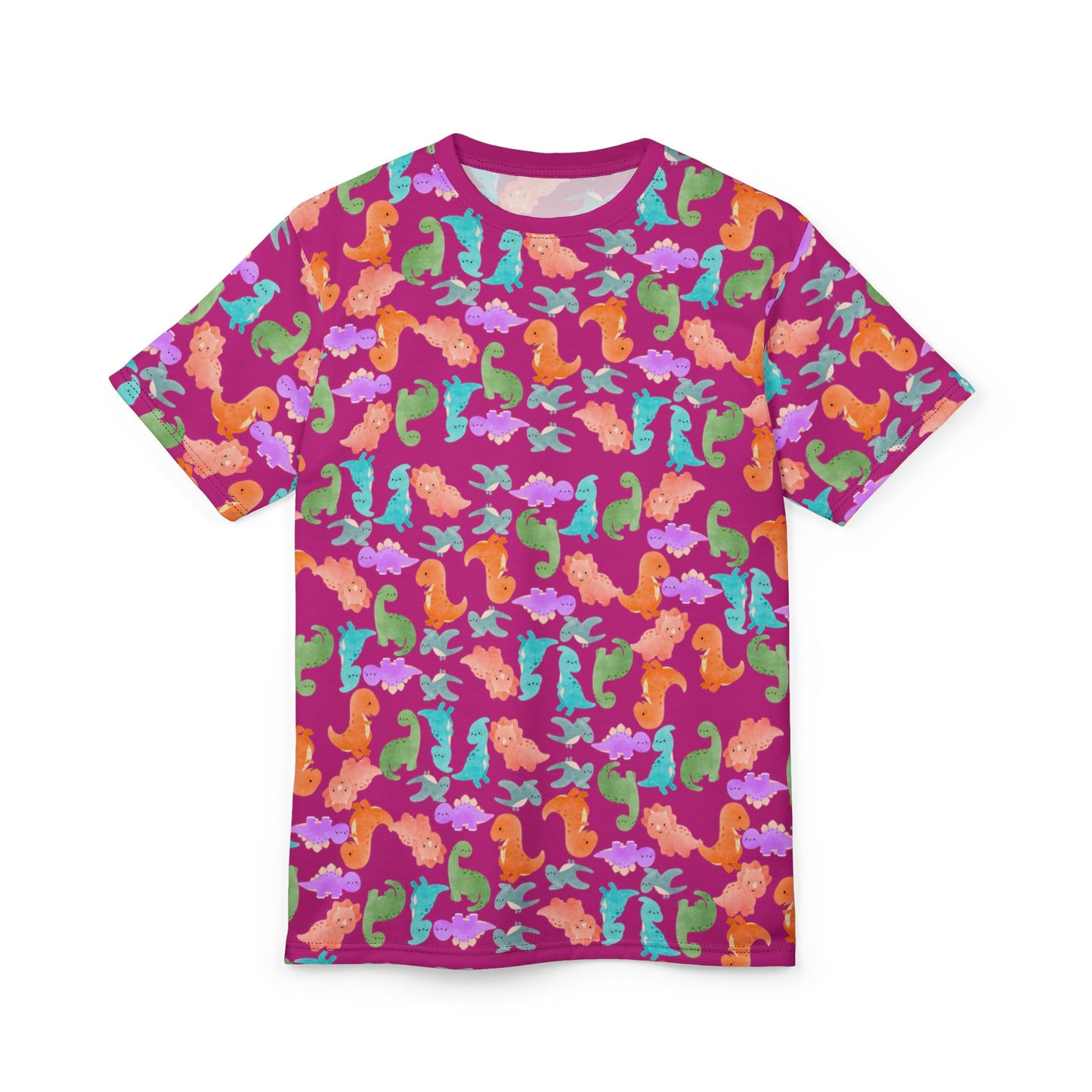 Vibrant Dino Pattern Tee for Ocean Lovers Perfect for Summer Casual Wear Gift for Beach Lovers Tropical Vibe Clothing Rainbow Dinos Pink