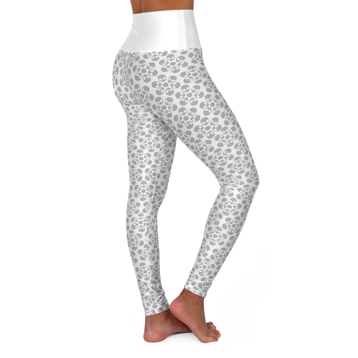 Stylish High Waisted Yoga Leggings Activewear Fitness Leggings Workout Pants Gift for Her Yoga Apparel Alien Flowers White