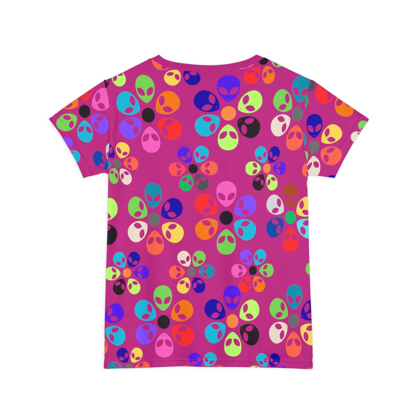 Colorful Alien Print Womens Tee Fun Graphic Shirt for Casual Wear Unique Gift for Alien Lovers Perfect for Festivals and Everyday Style Alien Rainbow Flowers Pink