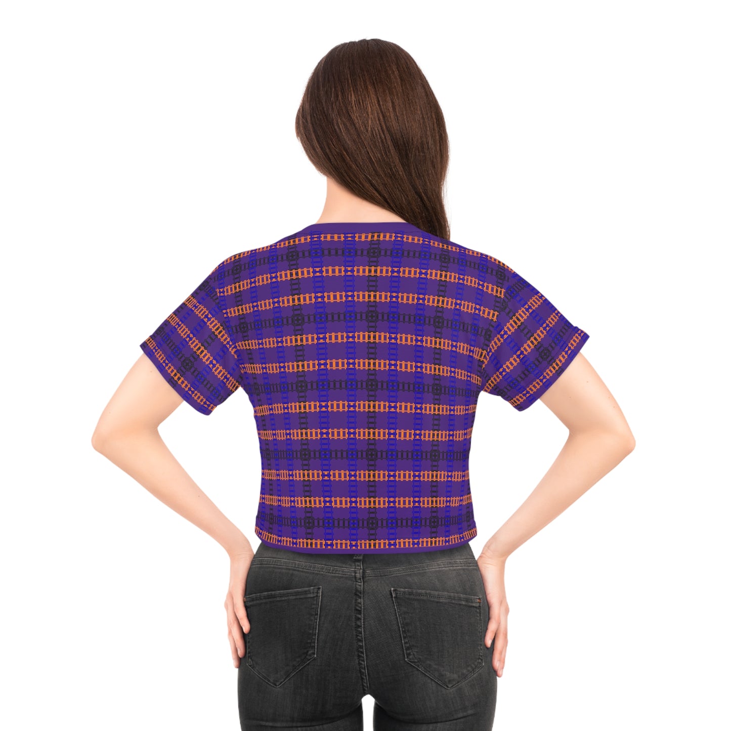 Trendy Patterned Crop Tee Casual Summer Top Gift for Her Festival Wear Stylish Weekend Outfits Train Tracks Purple