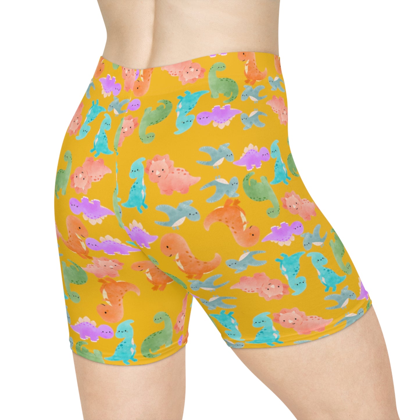 Colorful Dinosaur Womens Biker Shorts  AOP Perfect for Casual Wear workout Summer Birthdays Playdates Unique Gift Rainbow Dinos Yellow