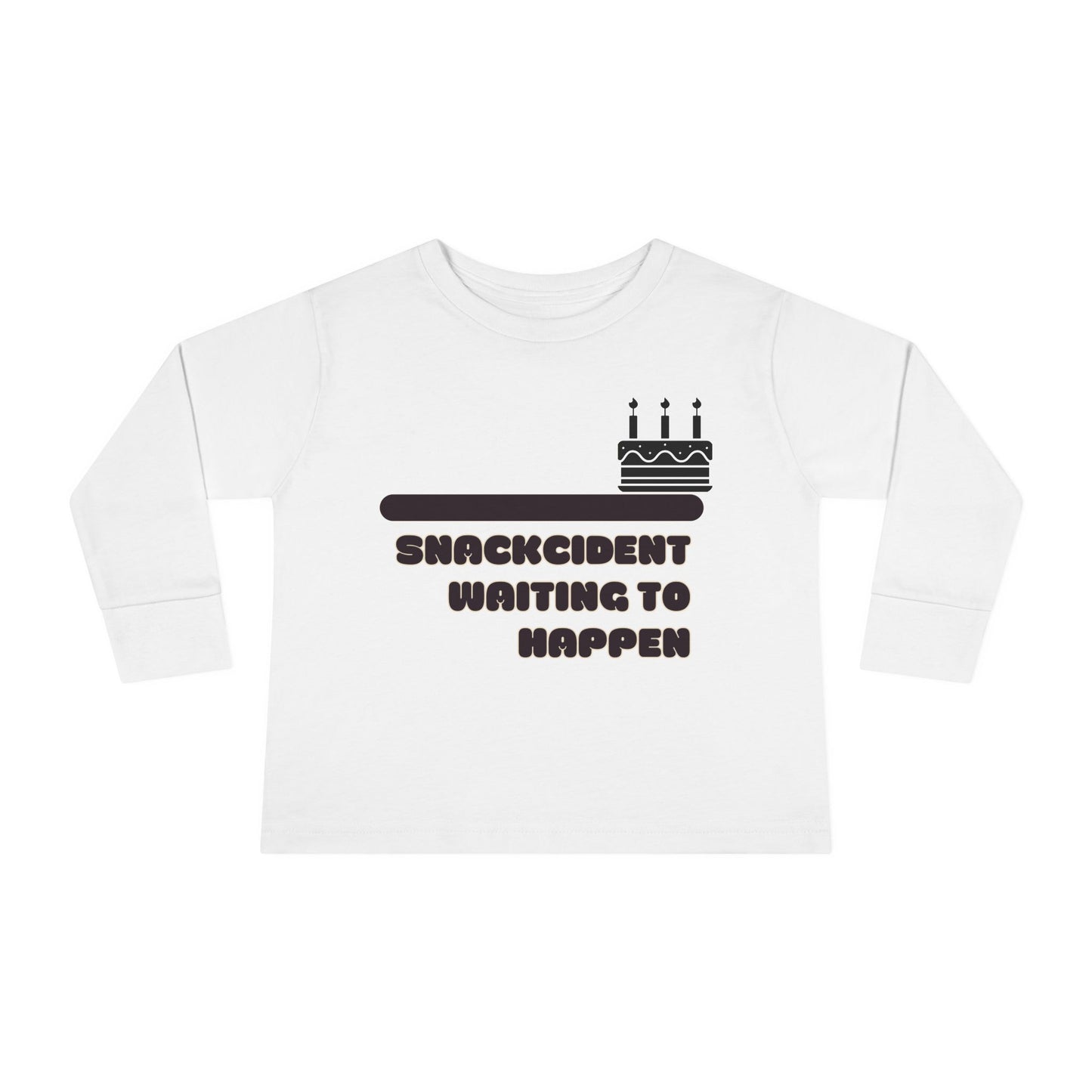 Snackcident Waiting to Happen Toddler Long Sleeve Tee | Cute Kids Shirt | Fun Gift for Birthdays, Playdates, Parties, Food Lovers