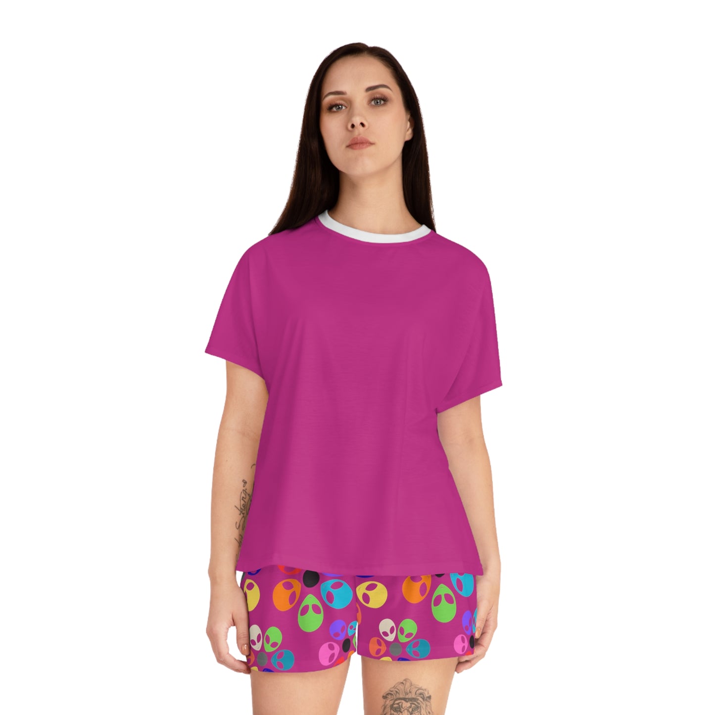 Colorful Alien Print Womens Pajama Set Fun Sleepwear for Teens Relaxing Nightwear Unique Gift for Space Lovers Cute Loungewear Alien Rainbow Flowers Pink
