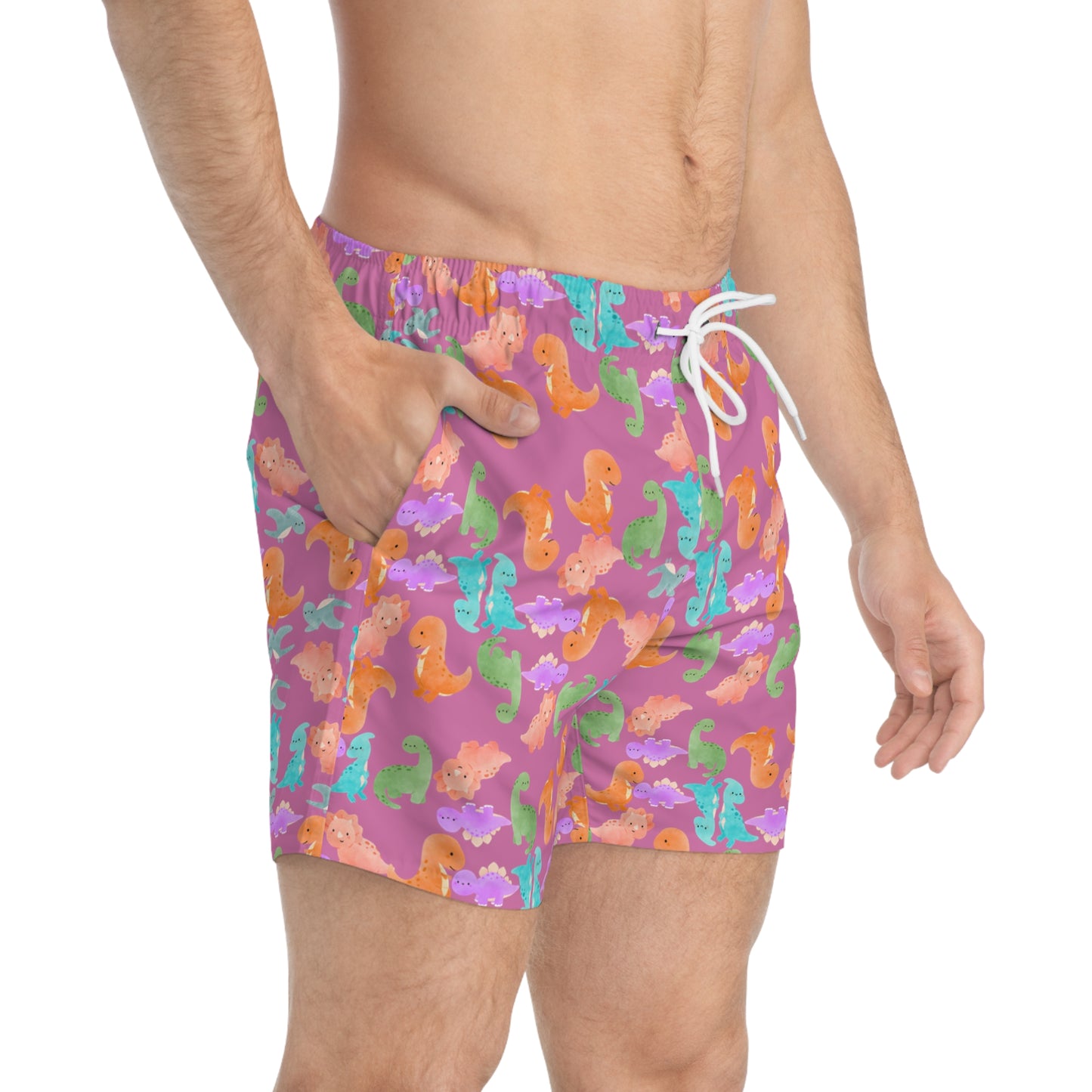 Colorful Dinosaur Swim Trunks for Summer Fun Beachwear Pool Party Vacation Essentials Kids & Adults Swimwear Rainbow Dinos Light Pink
