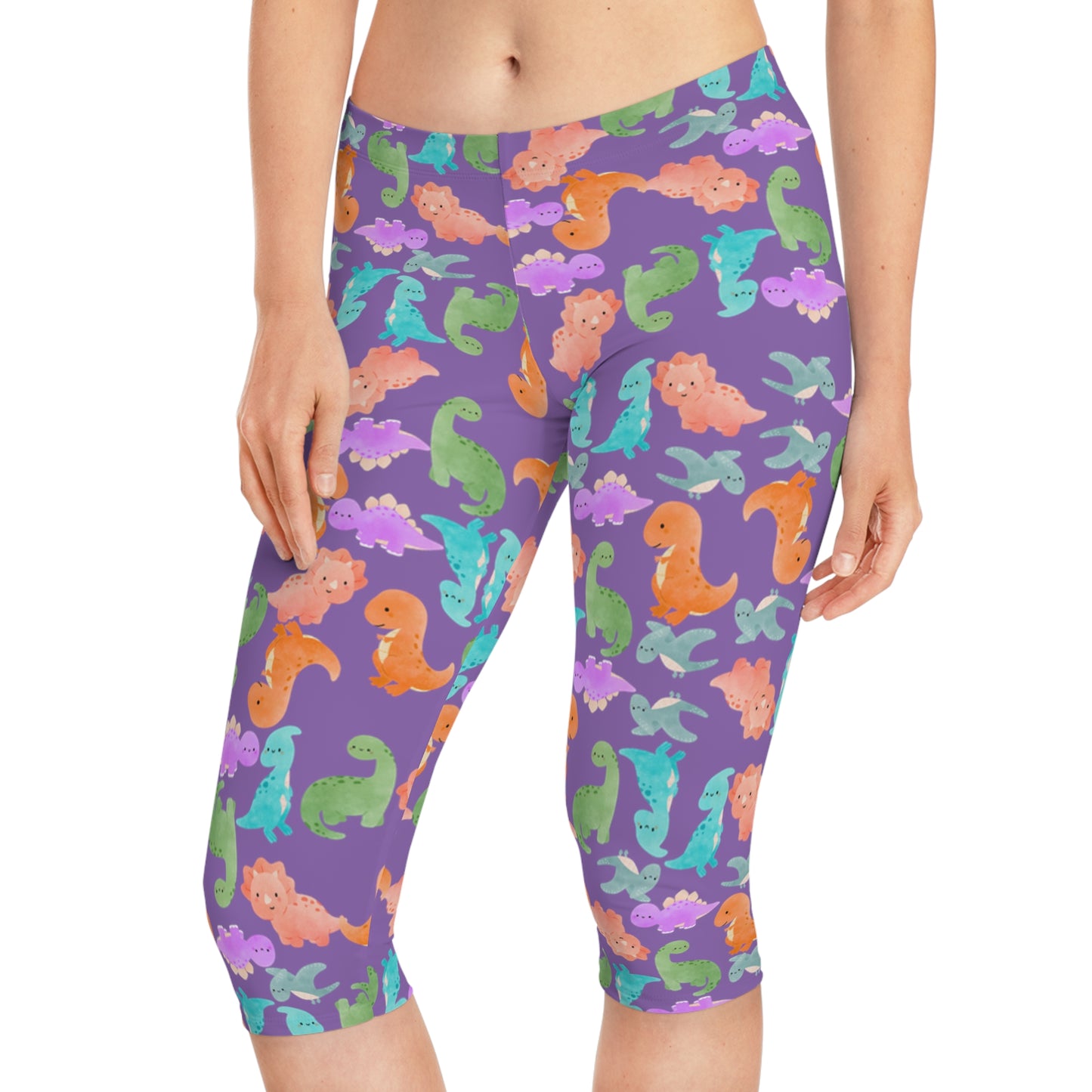 Playful Dino Print Womens Capri Leggings Cute Stretchy Pants for Yoga Casual Outfits Loungewear Gift for Her Rainbow Dinos Light Purple