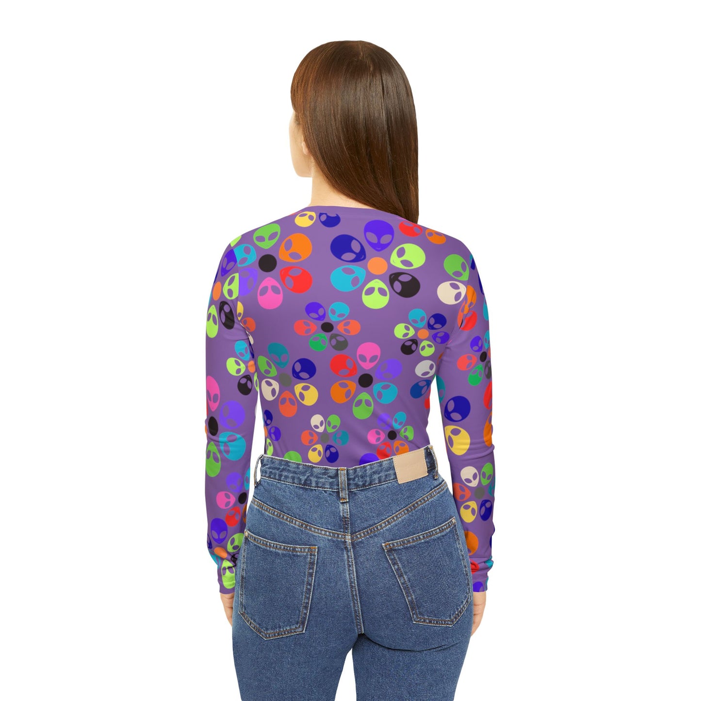 Colorful Alien Print Womens Long Sleeve VNeck Shirt Fun VNeck Tee Boho Style Top Unique Gift for SciFi Lovers Casual Everyday Wear Alien Rainbow Flowers Light Purple
