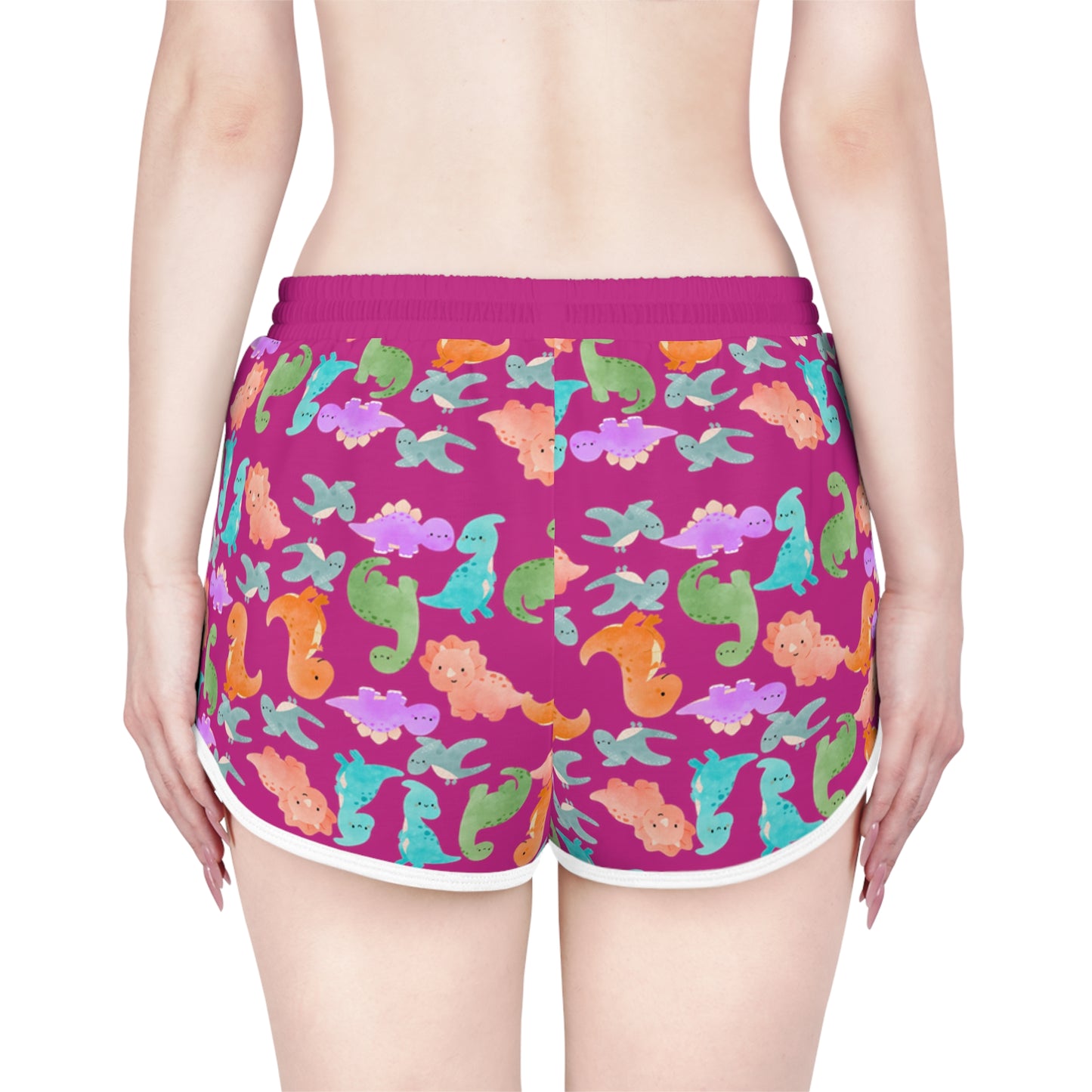 Colorful Dino Print Womens Relaxed Shorts Perfect for Summer Beachwear Loungewear Gift for Her Casual Style Rainbow Dinos Pink