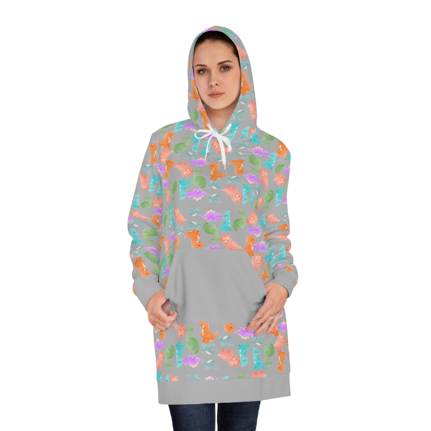 Womens Hoodie Dress Rainbow Dinos Light Grey