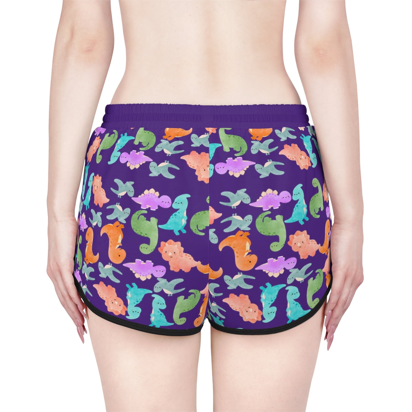 Colorful Dino Print Womens Relaxed Shorts Perfect for Summer Beachwear Loungewear Gift for Her Casual Style Rainbow Dinos Purple