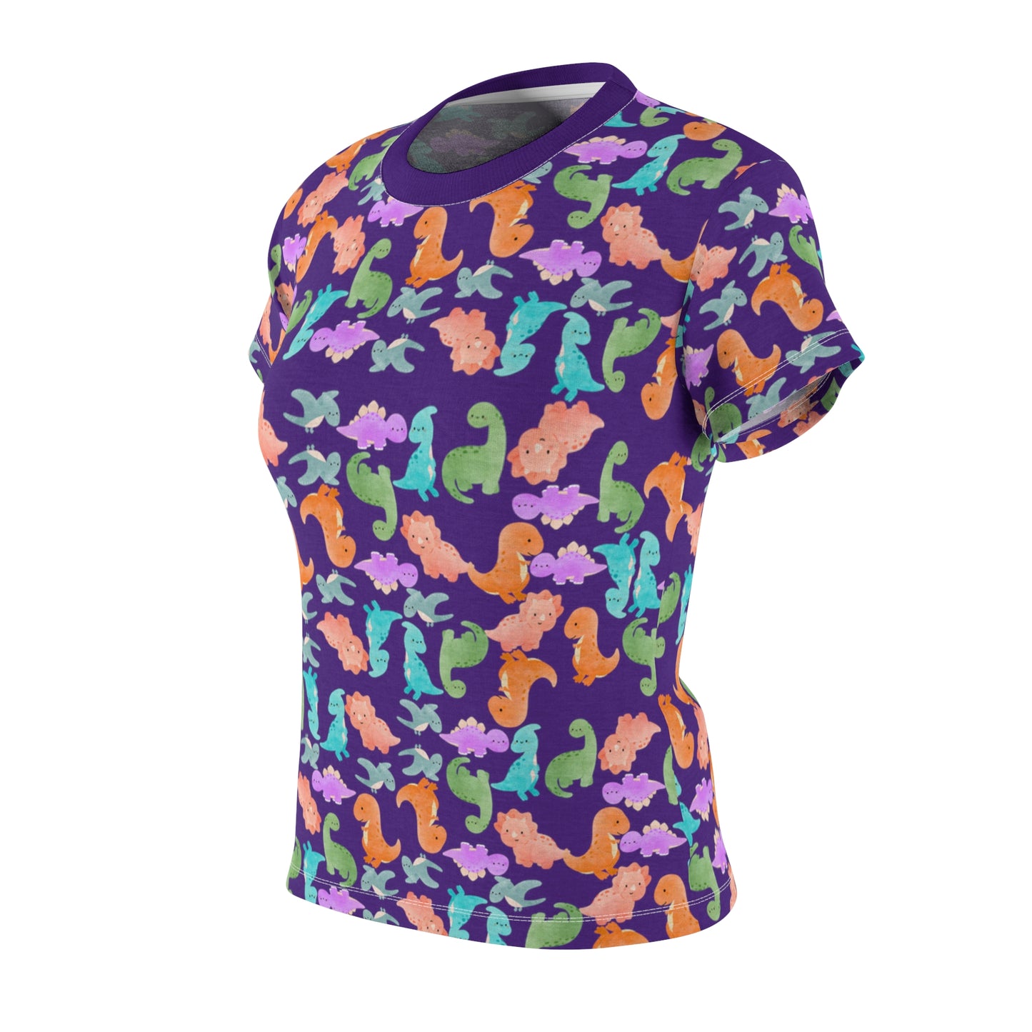 Colorful Dino Womens Tee Cute Summer Top Vibrant Casual Shirt Sea Animal Print Tee Gifts for Ocean Lovers Beachwear Rainbow Dinos Purple