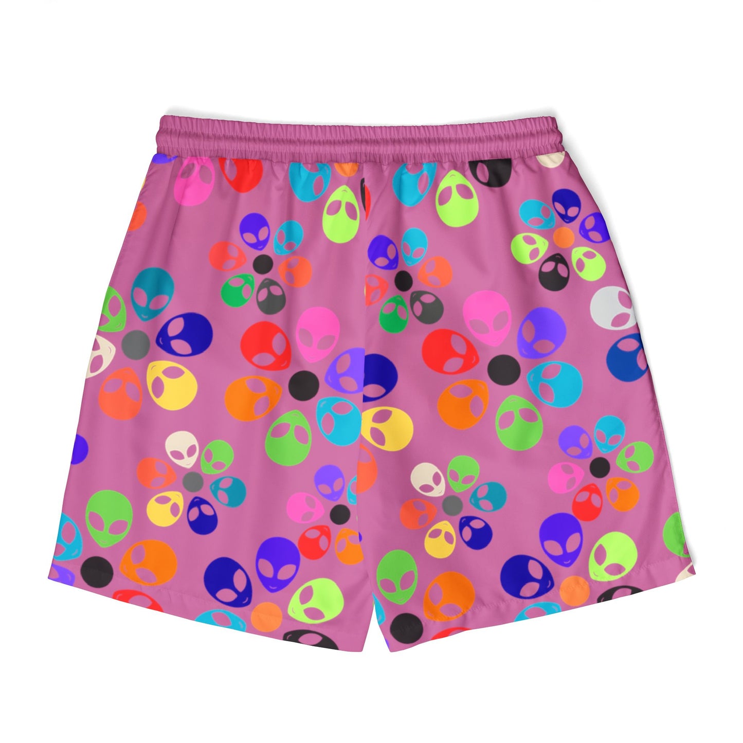 Colorful Alien Print Unisex Swim Shorts Beachwear Summer Style Pool Party Trendy Swim Trunks Vacation Swim Shorts Alien Rainbow Flowers Light Pink