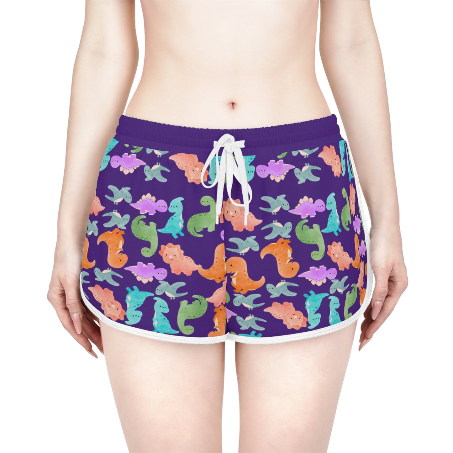 Colorful Dino Print Womens Relaxed Shorts Perfect for Summer Beachwear Loungewear Gift for Her Casual Style Rainbow Dinos Purple