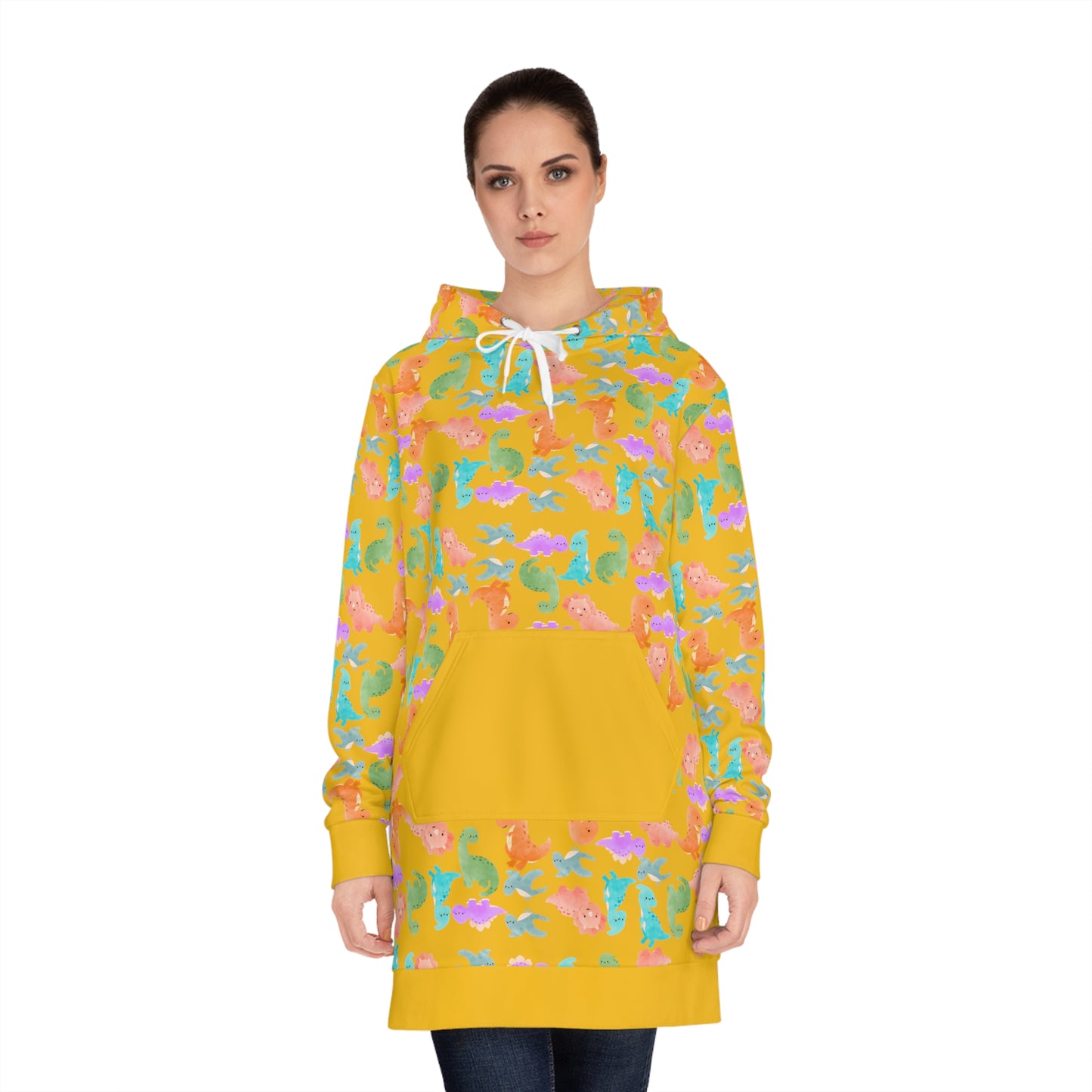 Womens Hoodie Dress Rainbow Dinos Yellow