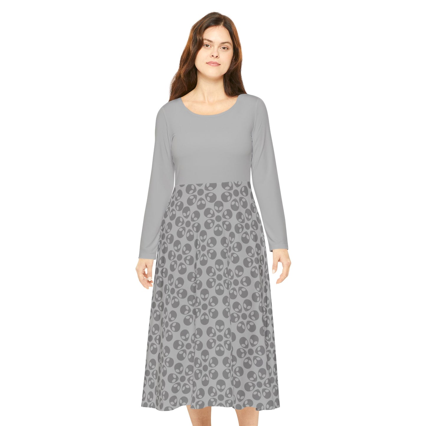 Womens Long Sleeve Dance Dress Alien Flowers Light Grey