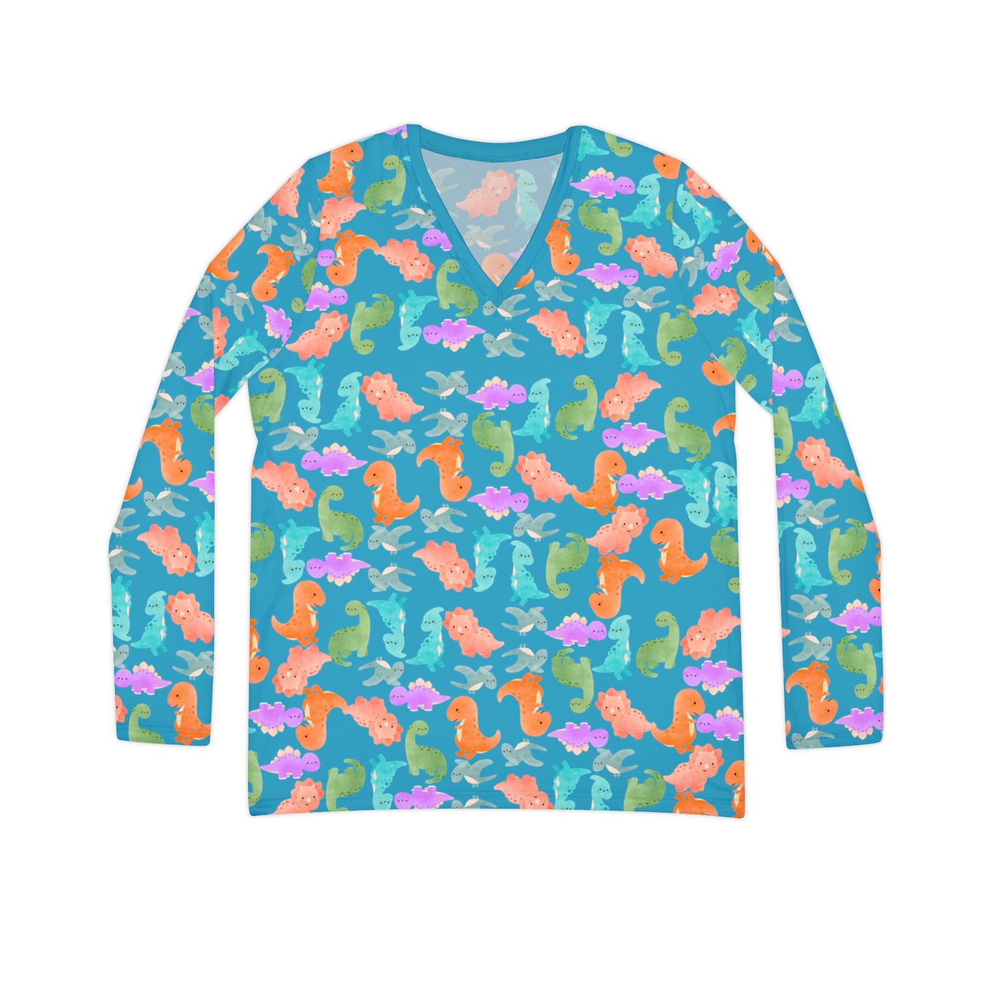 Vibrant Dino Print Womens Long Sleeve Vneck Shirt Beachwear Summer Tops Unique Gift Casual Style Vacation Wardrobe Rainbow Dinos Turquoise