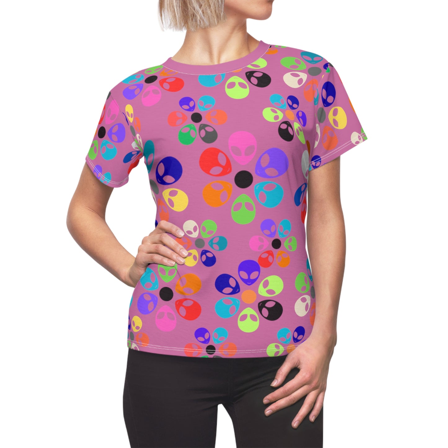 Colorful Alien Print Tee Fun Casual Shirt Unique Gift for SciFi Fans Festival Wear Statement Tee Summer Top Alien Rainbow Flowers Light Pink