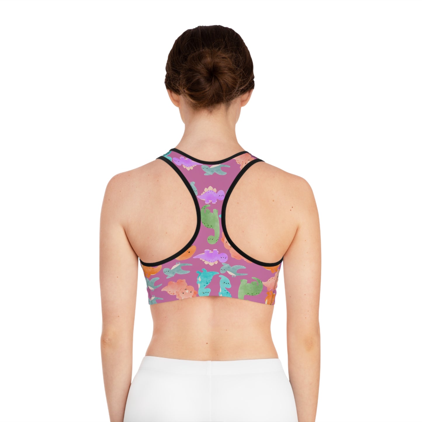 Colorful Dinosaur Print Sports Bra Cute Activewear Gym Top Fitness Wear Gifts for Her Workout Clothing Rainbow Dinos Light Pink