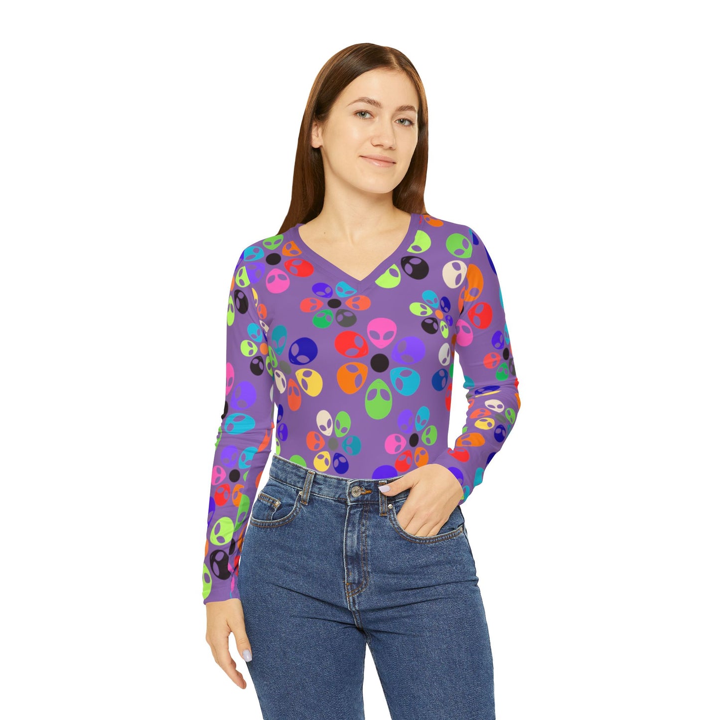 Colorful Alien Print Womens Long Sleeve VNeck Shirt Fun VNeck Tee Boho Style Top Unique Gift for SciFi Lovers Casual Everyday Wear Alien Rainbow Flowers Light Purple