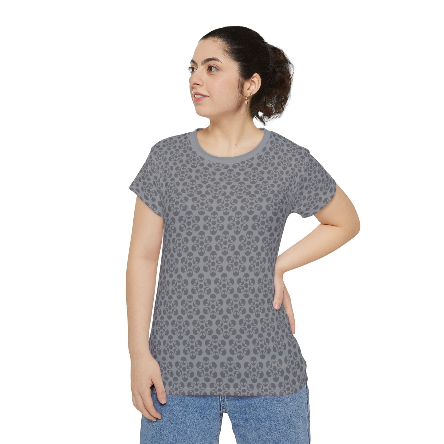 Womens Short Sleeve Shirt Alien Flowers Grey