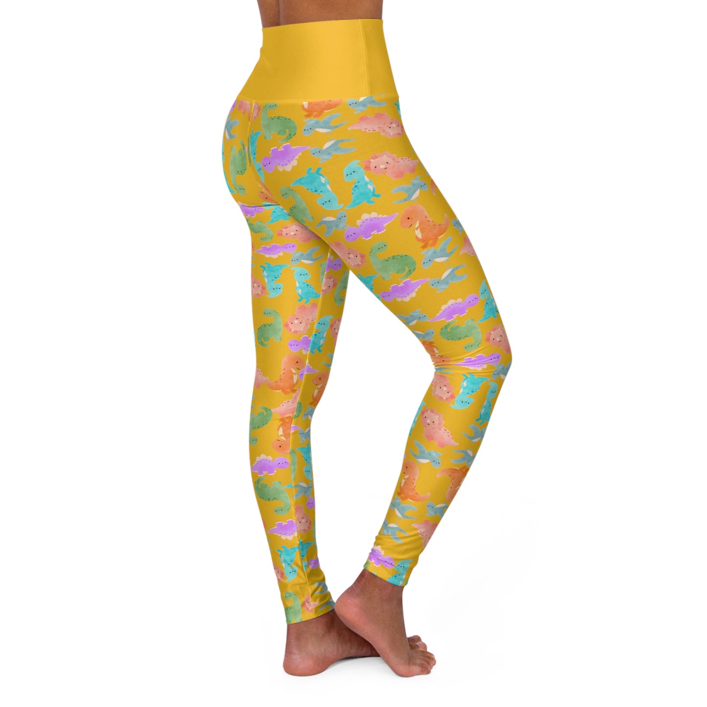 Whimsical Dinosaur Print Yoga Leggings High Waisted Fitness Leggings Party Wear Cute Workout Pants Trendy Sports Leggings Gifts for Her Rainbow Dinos Yellow