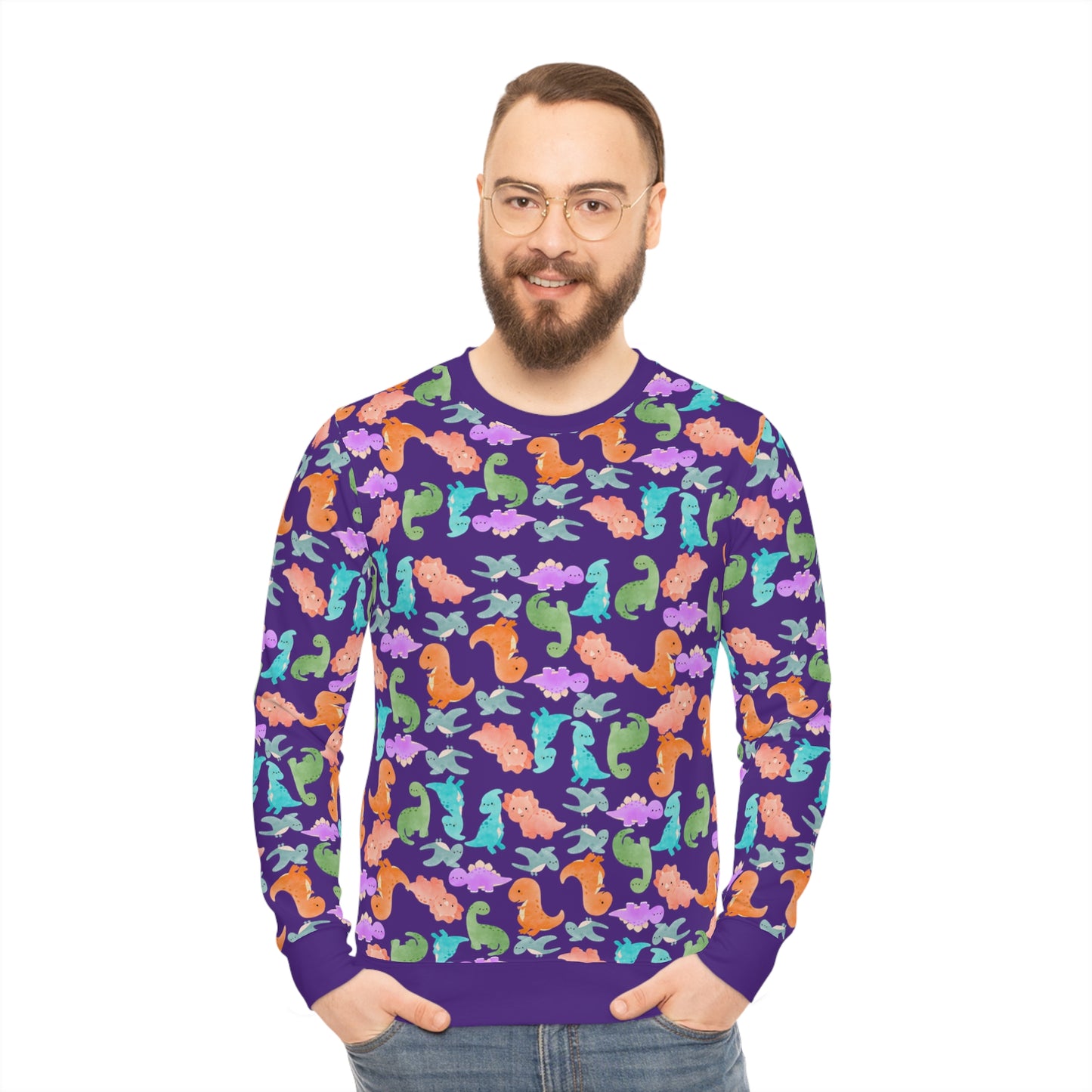 Colorful Dino Lightweight Sweatshirt | Cozy Gift for Ocean Lovers | Perfect for Casual Wear Beach Days Summer Parties Travel Rainbow Dinos Purple