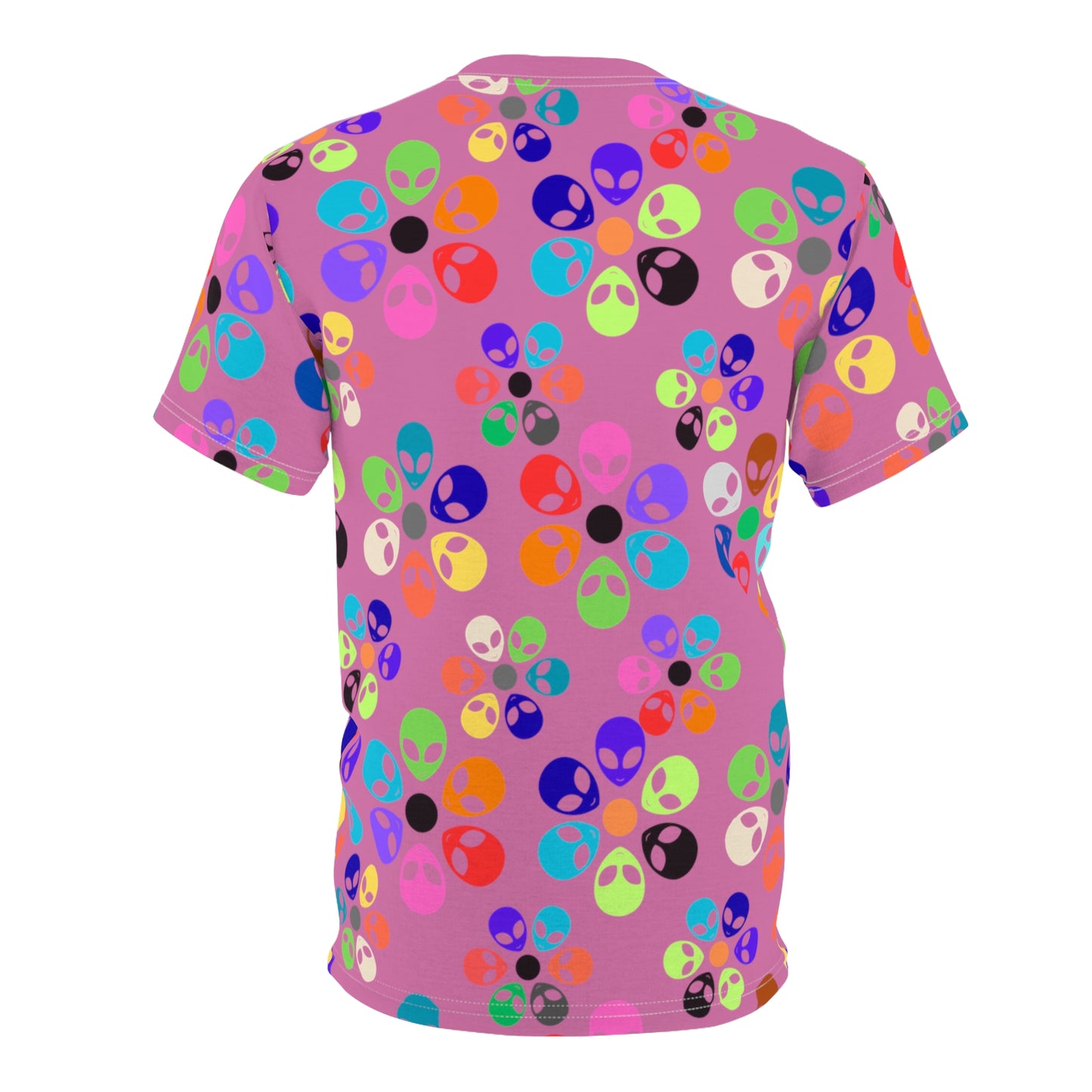 Colorful Alien Print Unisex TShirt Fun Graphic Tee Quirky Fashion Wear Gift for SciFi Lovers Trendy Casual Style Summer Apparel Alien Rainbow Flowers Light Pink
