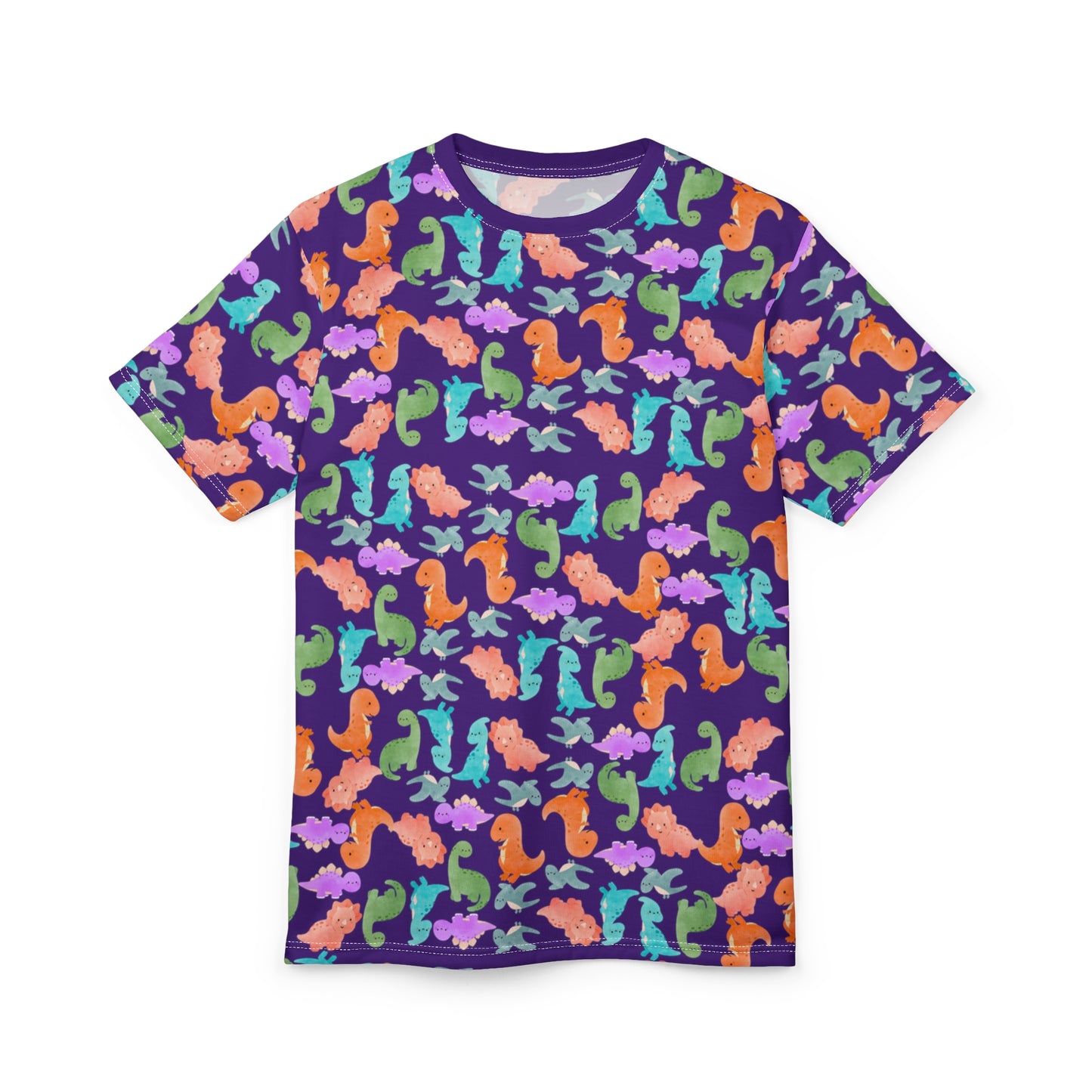 Vibrant Dino Pattern Tee for Ocean Lovers Perfect for Summer Casual Wear Gift for Beach Lovers Tropical Vibe Clothing Rainbow Dinos Purple