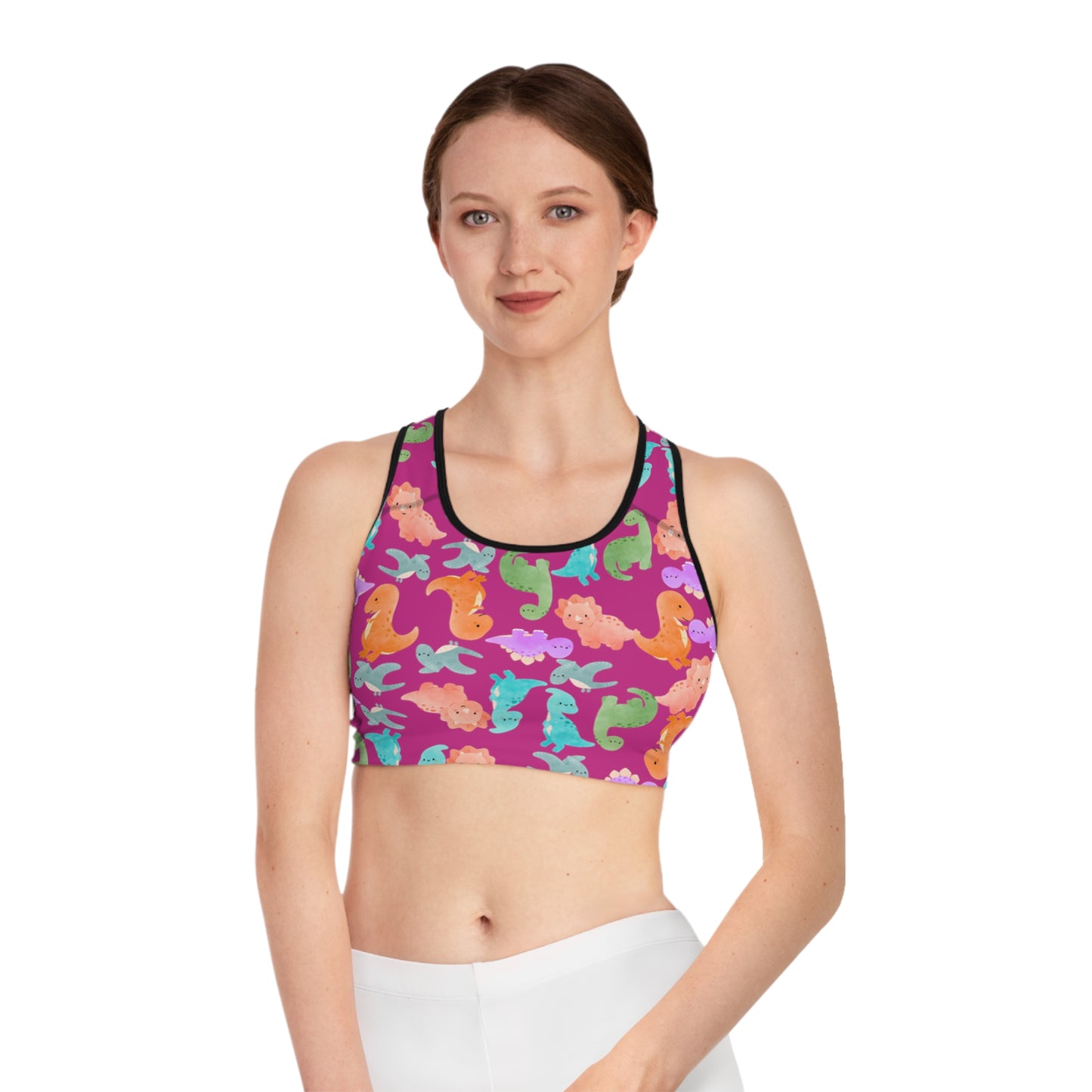 Colorful Dinosaur Print Sports Bra Cute Activewear Gym Top Fitness Wear Gifts for Her Workout Clothing Rainbow Dinos Pink