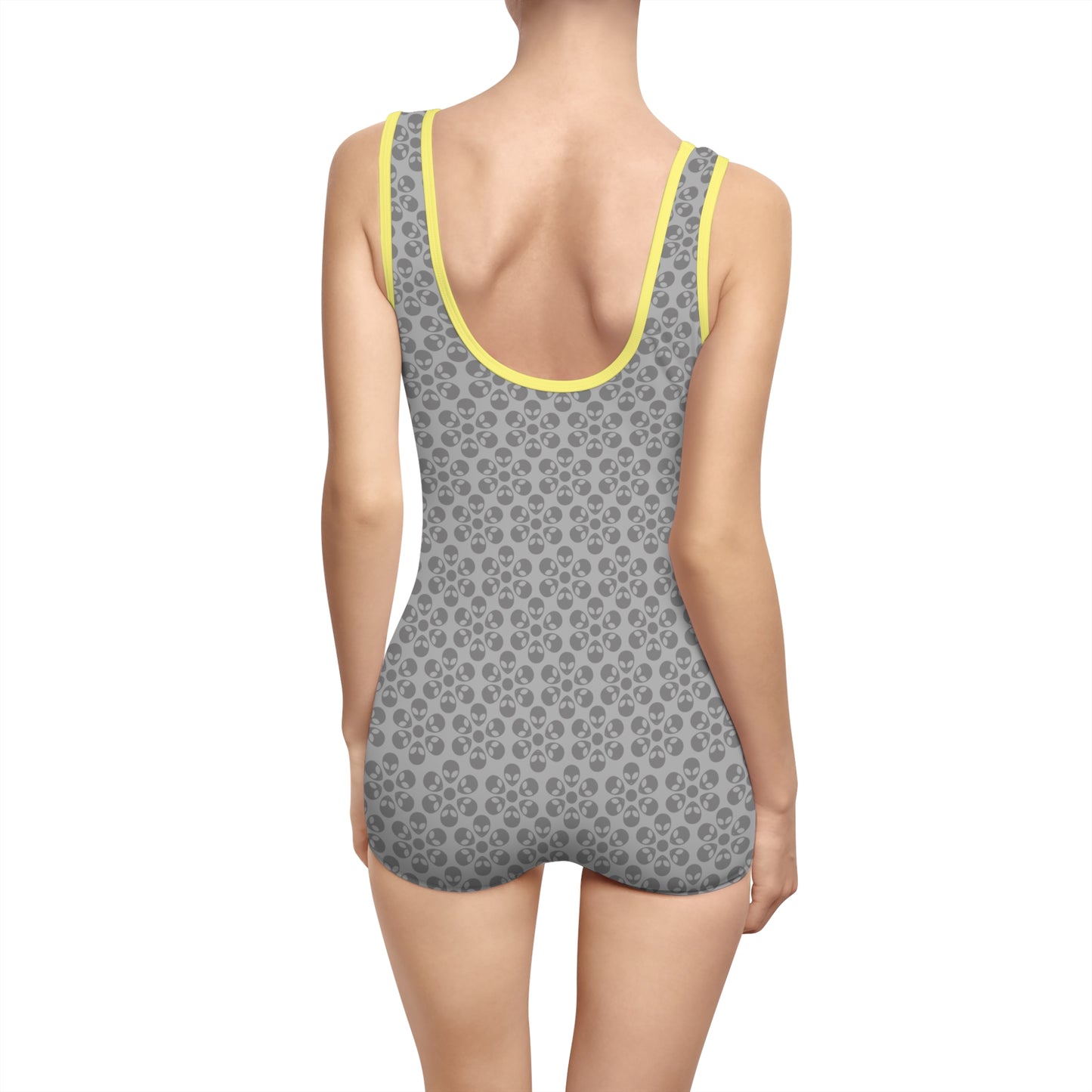 Womens Vintage Swimsuit Alien Flowers Light Grey