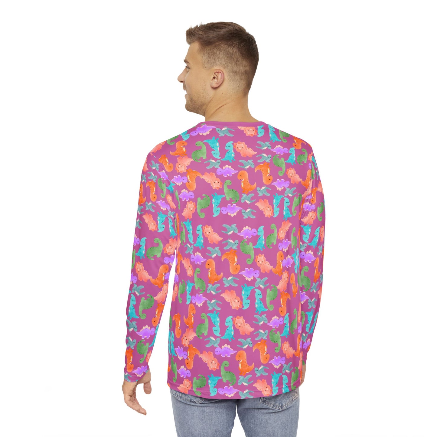 Cute Dino Print Mens Long Sleeve Shirt AOP Tee Tropical Beachwear Gift for Sea Lovers Summer Shirts for Men Rainbow Dinos Light Pink