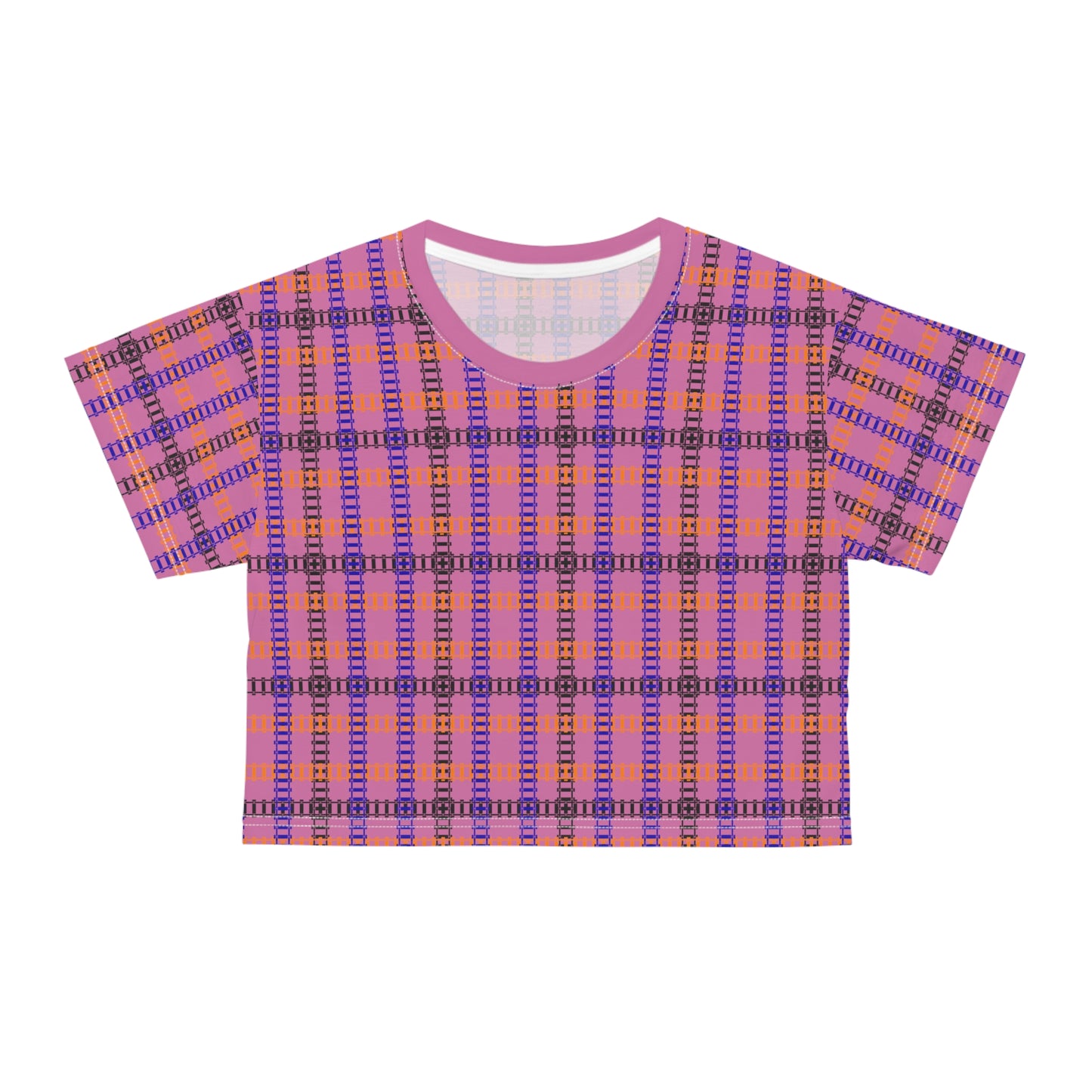 Trendy Patterned Crop Tee Casual Summer Top Gift for Her Festival Wear Stylish Weekend Outfits Train Tracks Light Pink
