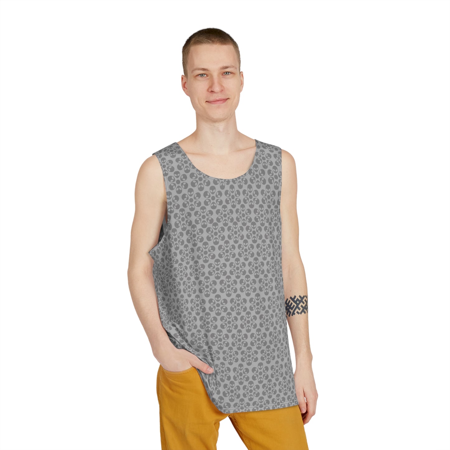 Stylish Mens Tank Top  AOP Leopard Print Summer Wear Fitness Gear Casual Apparel Trendy Vacation Outfit Alien Flowers Light Grey