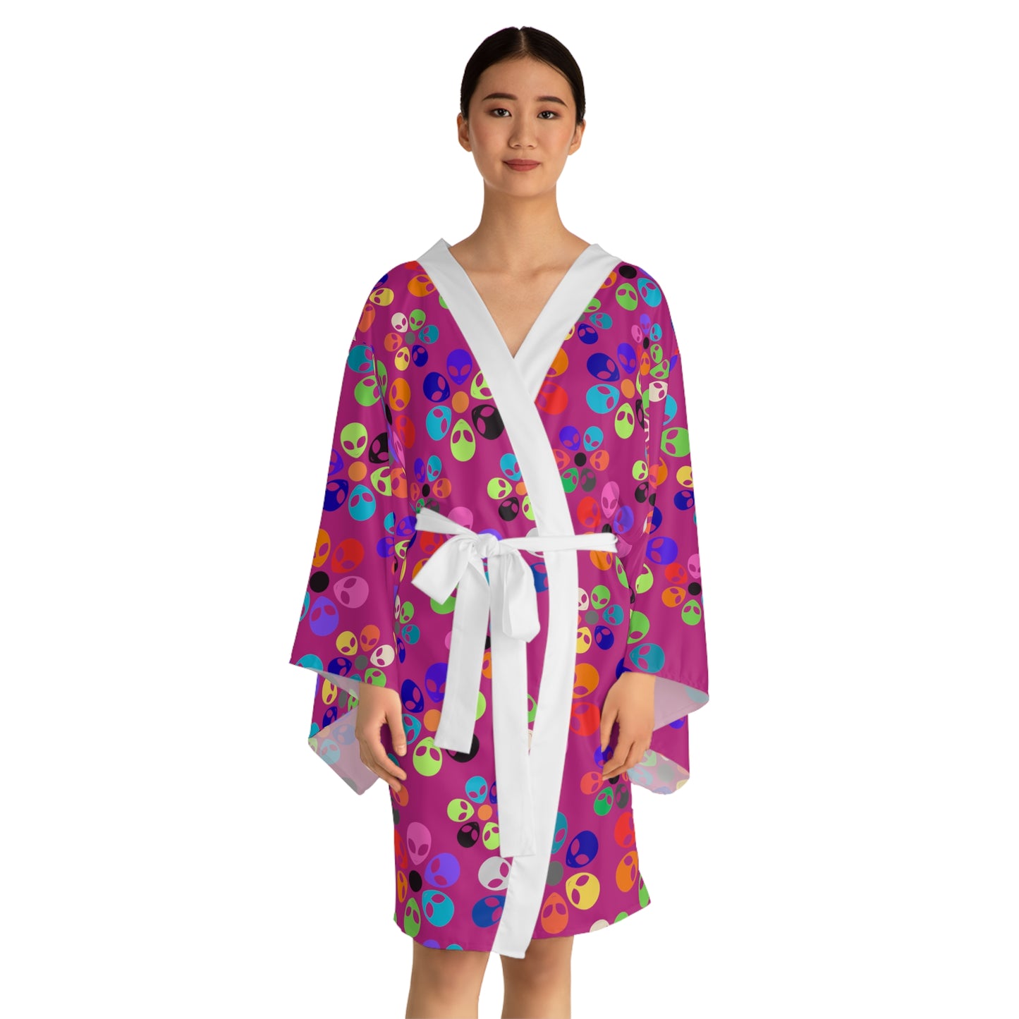 Colorful Floral Long Sleeve Kimono Robe Boho Fashion Relaxed Loungewear Perfect for Home Spa Days or Festivals Alien Rainbow Flowers Pink