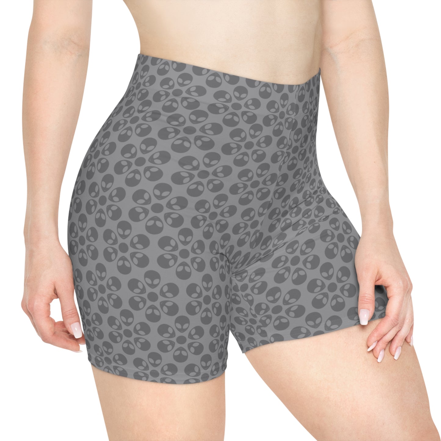 Womens Alien Pattern Biker Shorts Trendy Activewear Casual Cycling Shorts Festival Outfit Summer Essentials Alien Flowers Grey