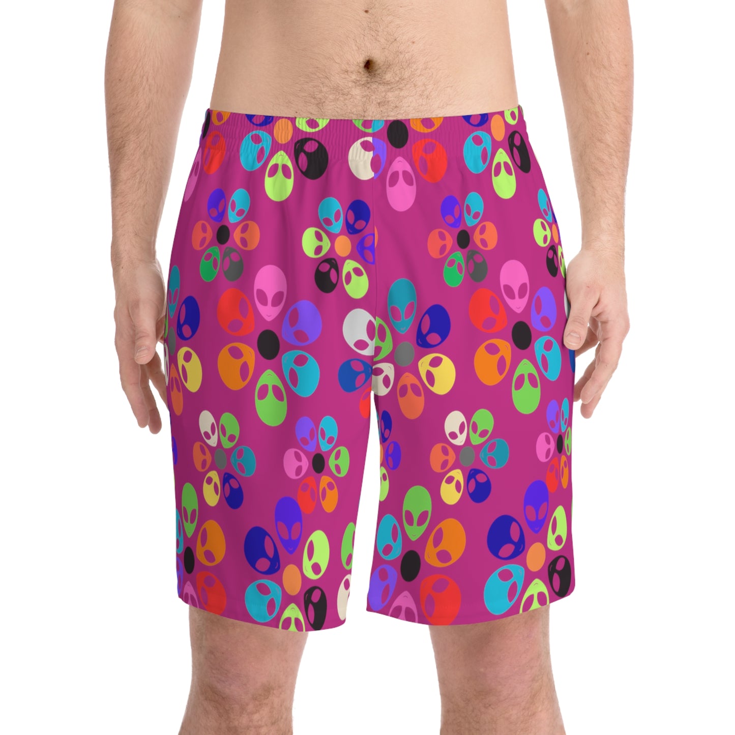 Colorful Alien Print Beach Shorts Mens Beachwear Casual Summer Shorts Vacation Swim Trunks Fun Festival Outfit Alien Rainbow Flowers Pink