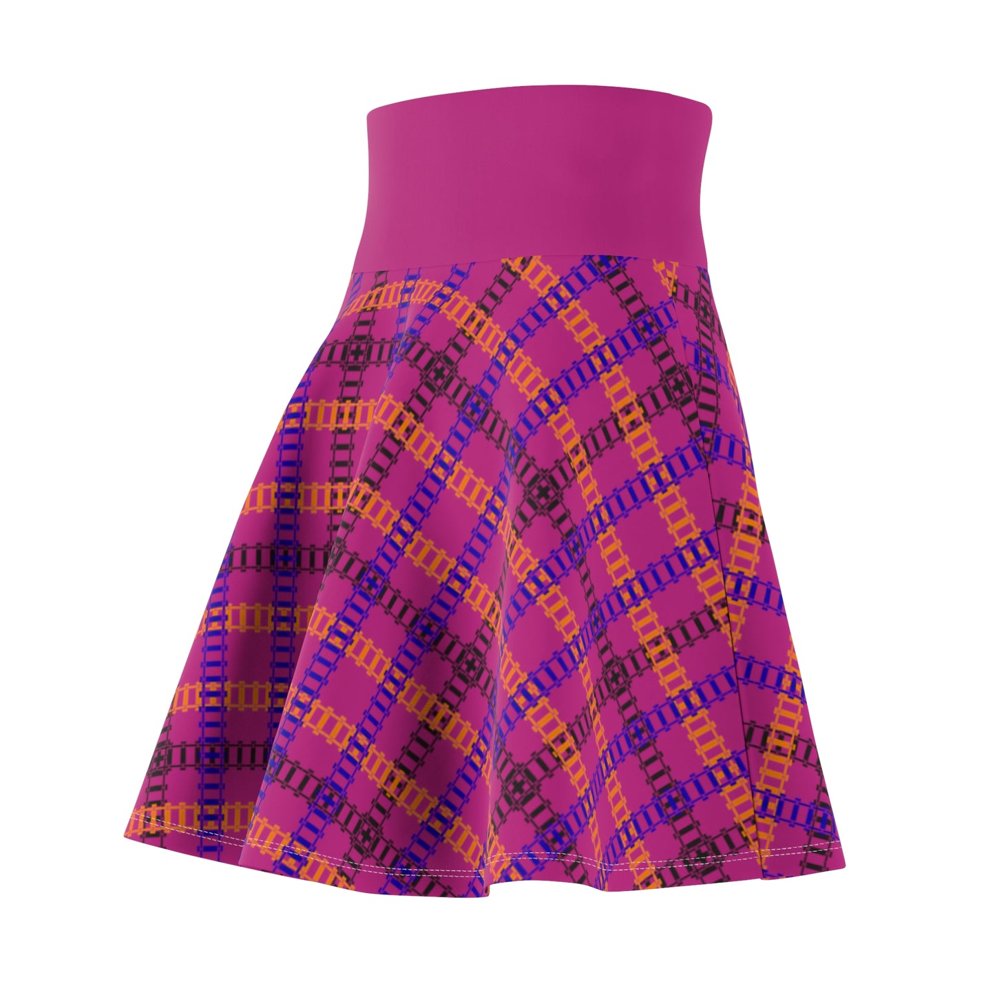 Stylish Womens Plaid Skater Skirt Trendy AOP Skirt Casual Everyday Wear Festive Outfit Summer Fashion 90s Vintage Inspired Train Tracks Pink
