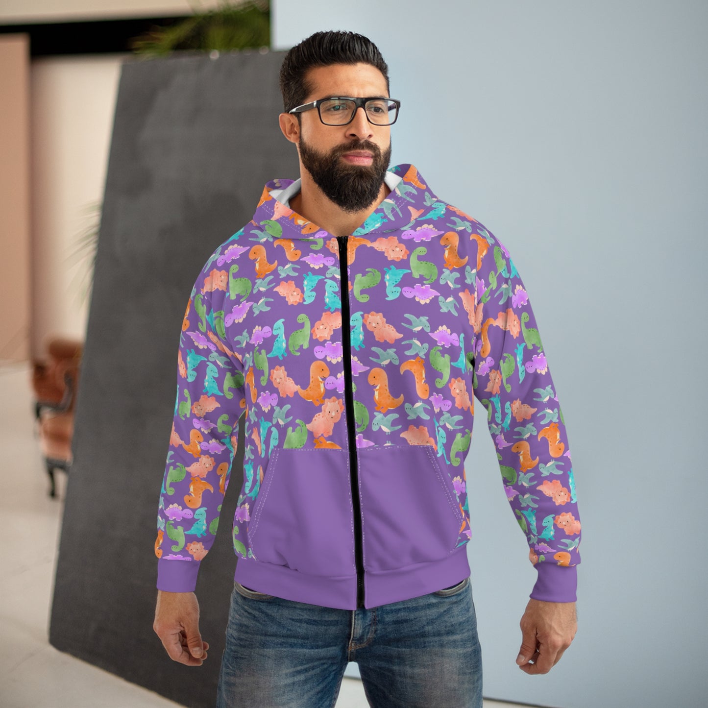 Colorful Dino Unisex Zip Hoodie OceanInspired Hooded Sweatshirt Beach Trip Hoodie Perfect Gift for Marine Life Lovers Rainbow Dinos Light Purple