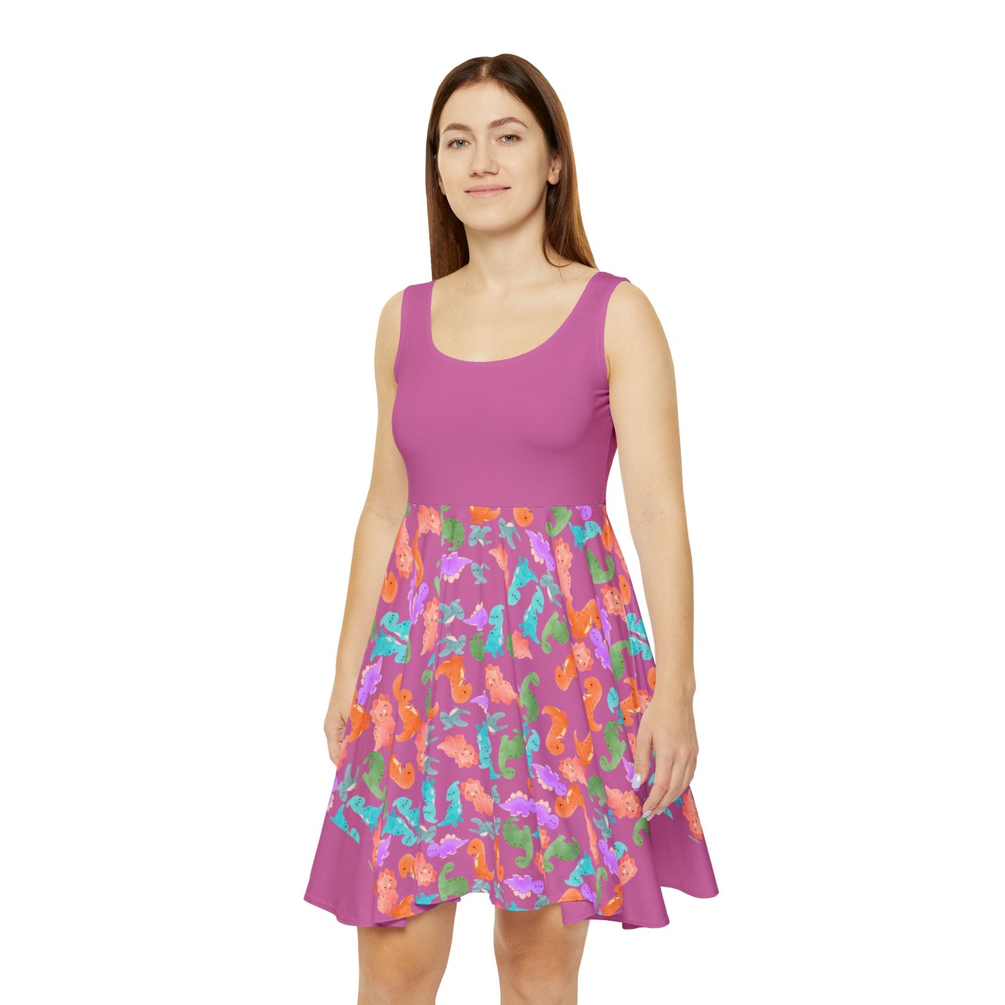 Colorful Dino Womens Skater Dress Summer Outfit Party Dress Casual Dress Boho Dress Festival Wear Rainbow Dinos Light Pink