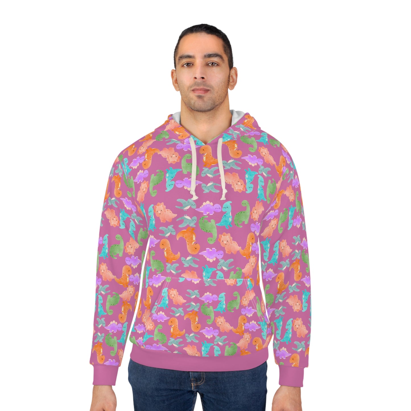 Colorful Dino Unisex Pullover Hoodie Cozy Beach Vibe Sweatshirt Gift for Ocean Lovers Fun Casual Wear Homewear Rainbow Dinos Light Pink