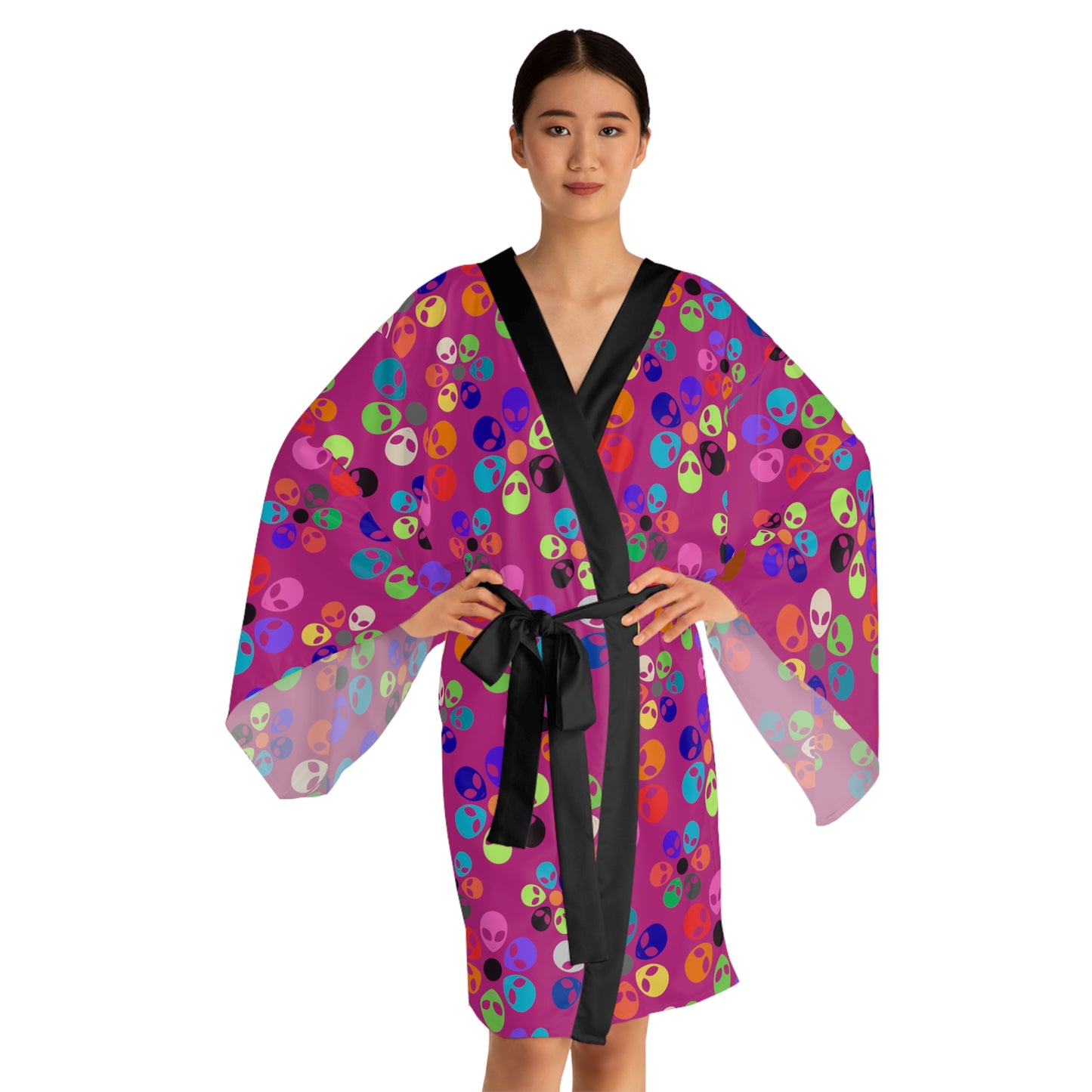 Colorful Floral Long Sleeve Kimono Robe Boho Fashion Relaxed Loungewear Perfect for Home Spa Days or Festivals Alien Rainbow Flowers Pink