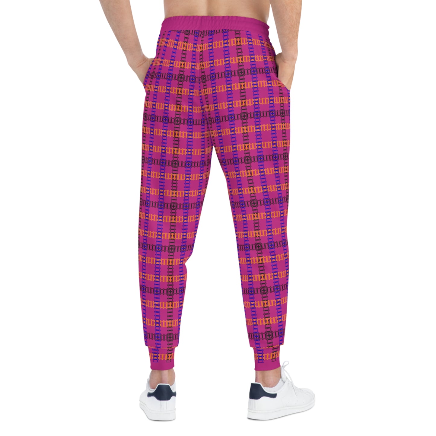 Colorful Plaid Athletic Joggers Comfortable Gym Pants Unisex Loungewear Casual Streetwear Fall Fashion Essentials Activewear Gift Train Tracks Pink