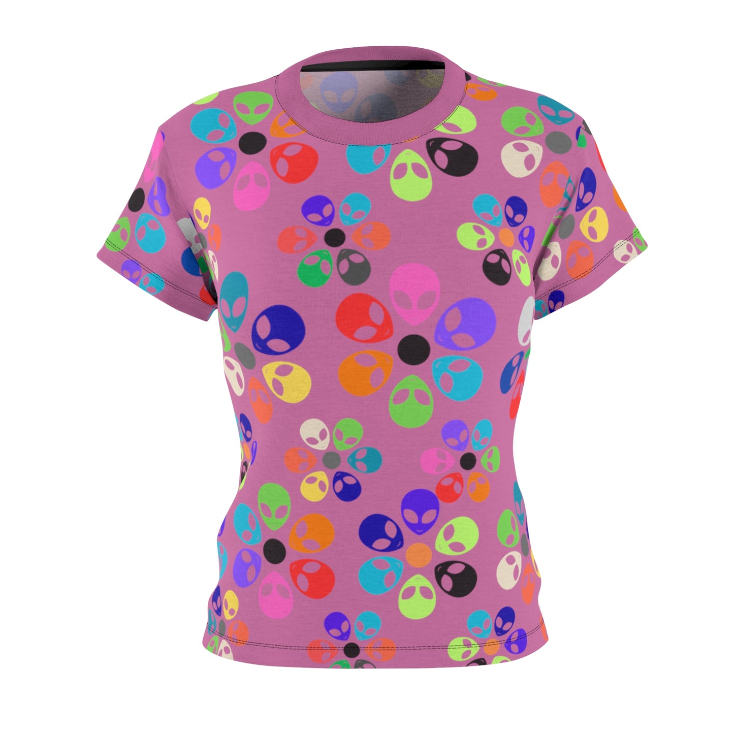 Colorful Alien Print Tee Fun Casual Shirt Unique Gift for SciFi Fans Festival Wear Statement Tee Summer Top Alien Rainbow Flowers Light Pink