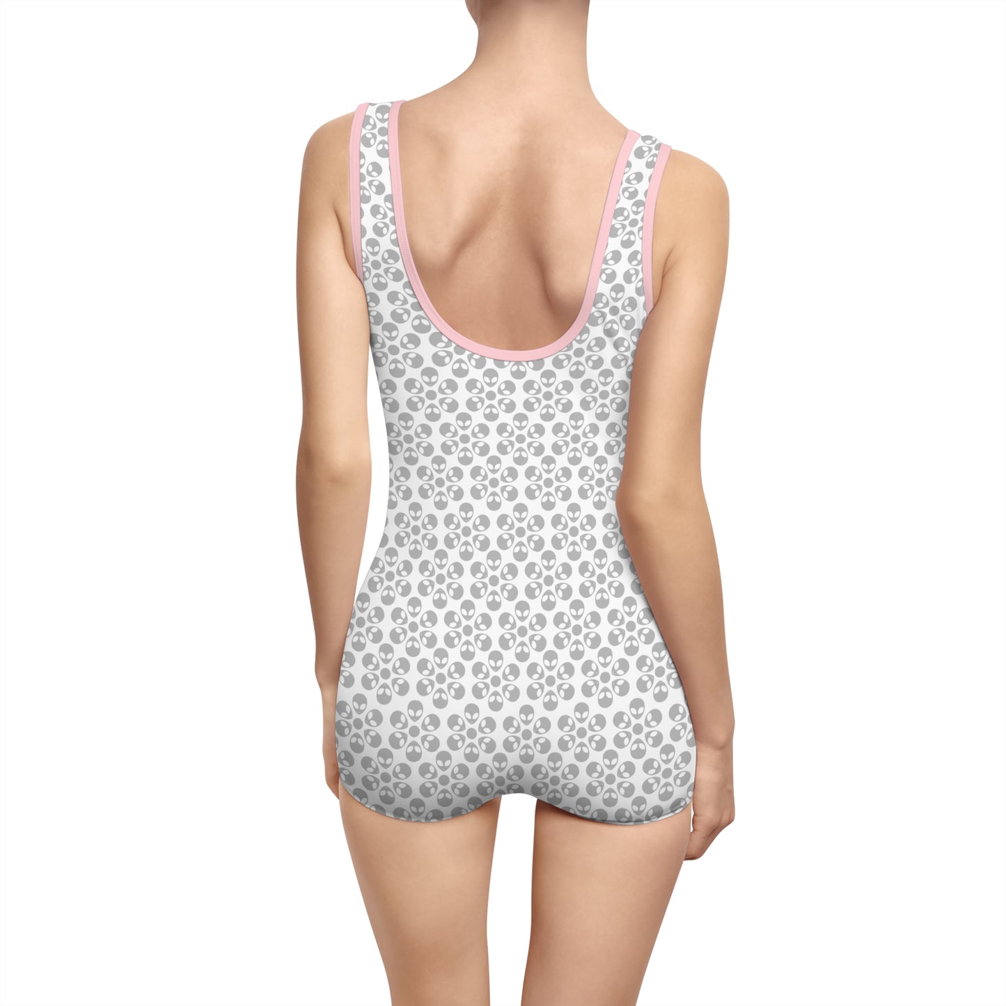 Womens Vintage Swimsuit Alien Flowers White