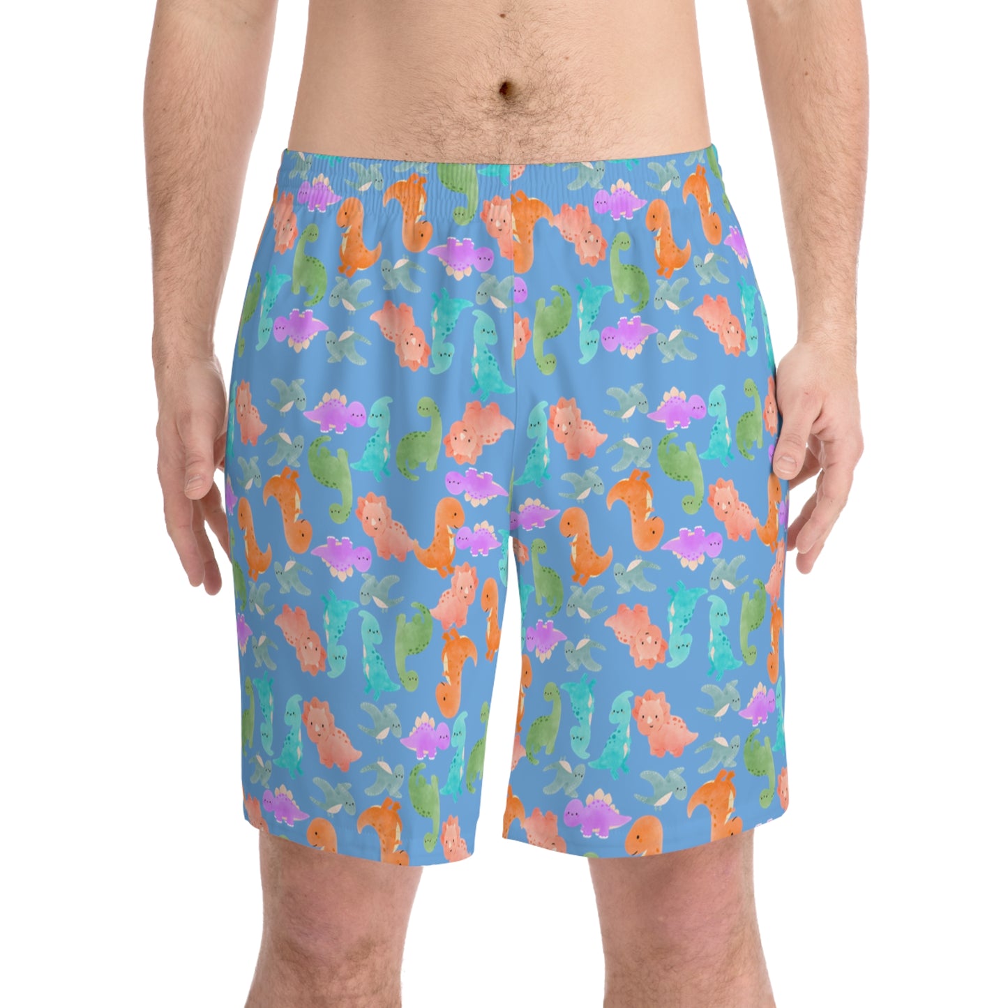 Colorful Dino Beach Shorts for Men Summertime Swimwear Vacation Essentials Pool Party Attire Trendy Summer Apparel Rainbow Dinos Light Blue