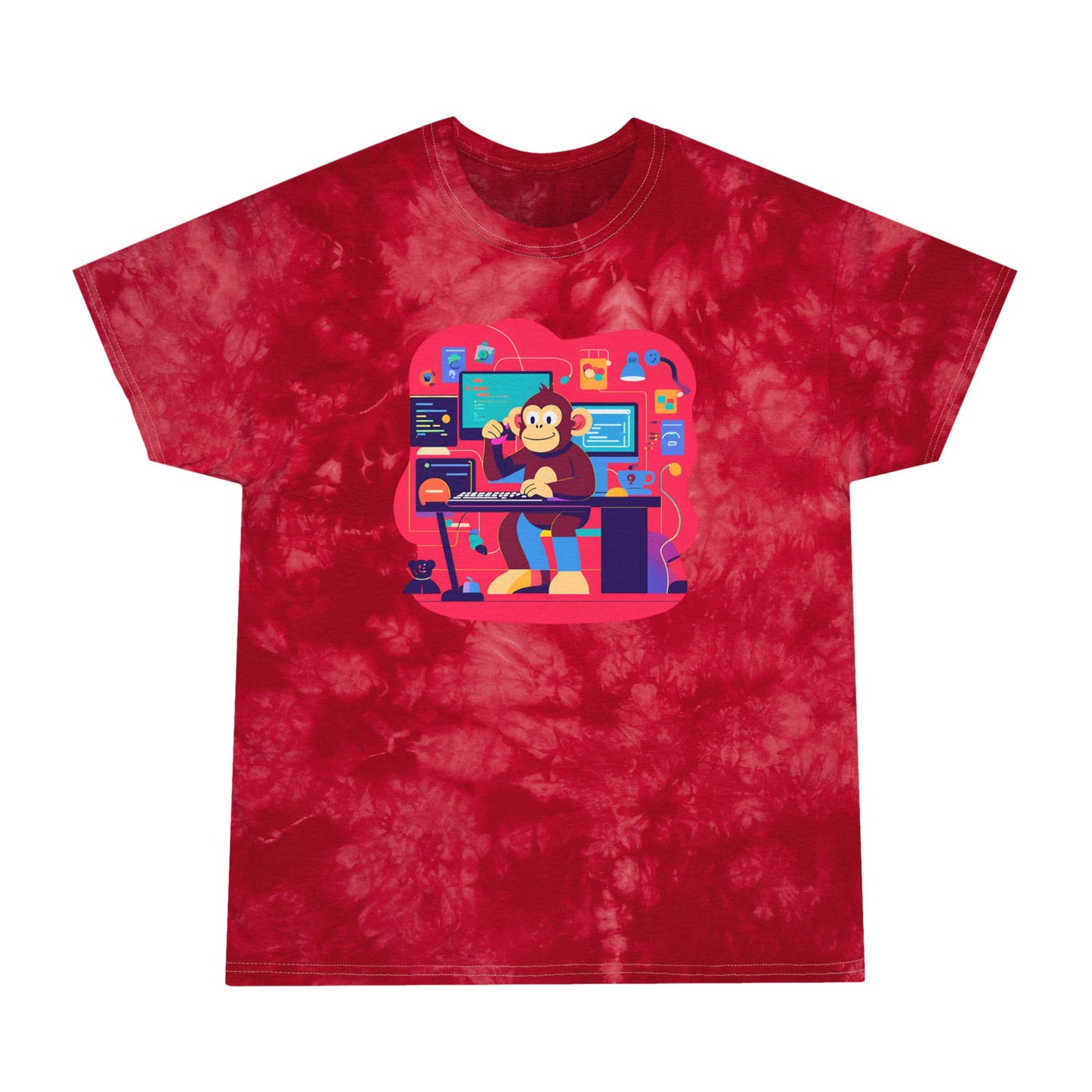Crystal Tie-Dye Tee with Retro Monkey Design | Casual Streetwear, Gift for Gamers, Fun Summer Style, Unisex Shirt, Relaxed Fit