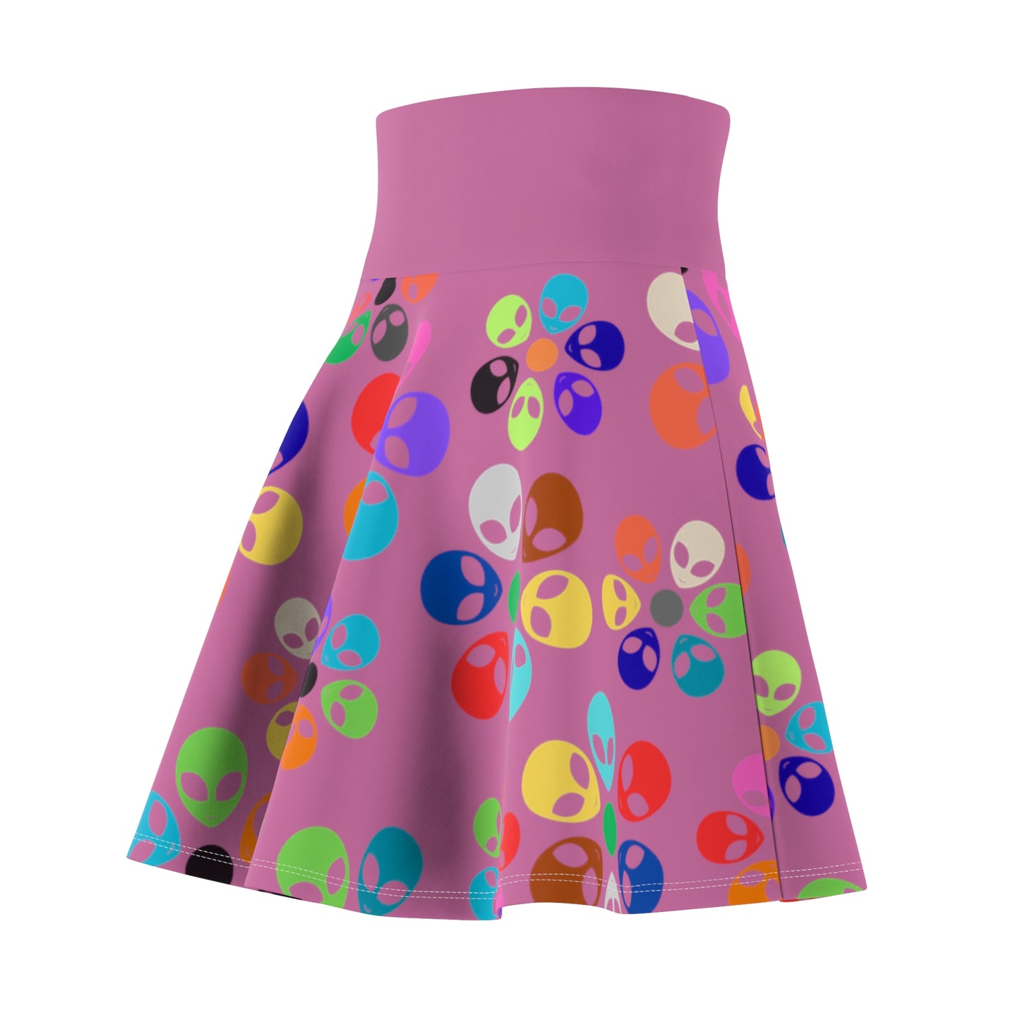 Colorful Alien Print Womens Skater Skirt Fun Fashion Summer Vibes Festival Wear Unique Style Casual Skirts Gifts for Her Alien Rainbow Flowers Light Pink
